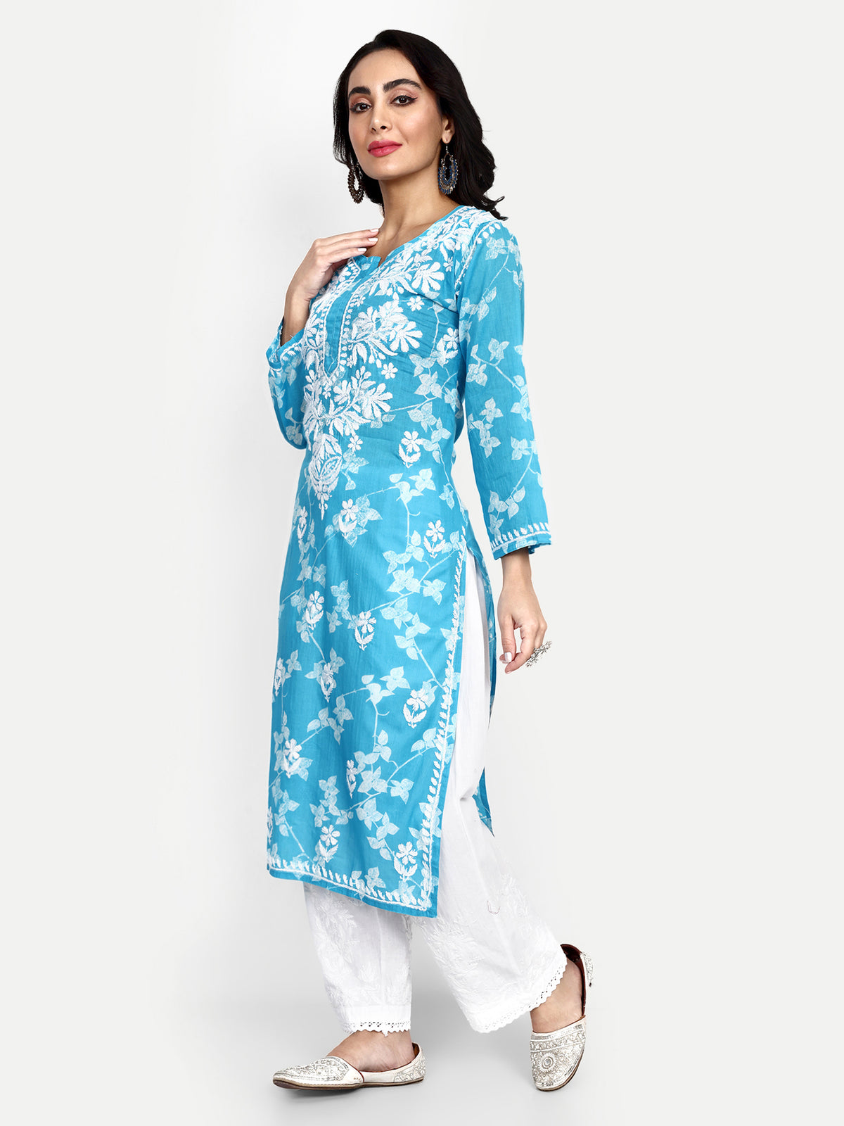 Lucknow Chikankari Hand Embroidered Long Kurta Mulmul