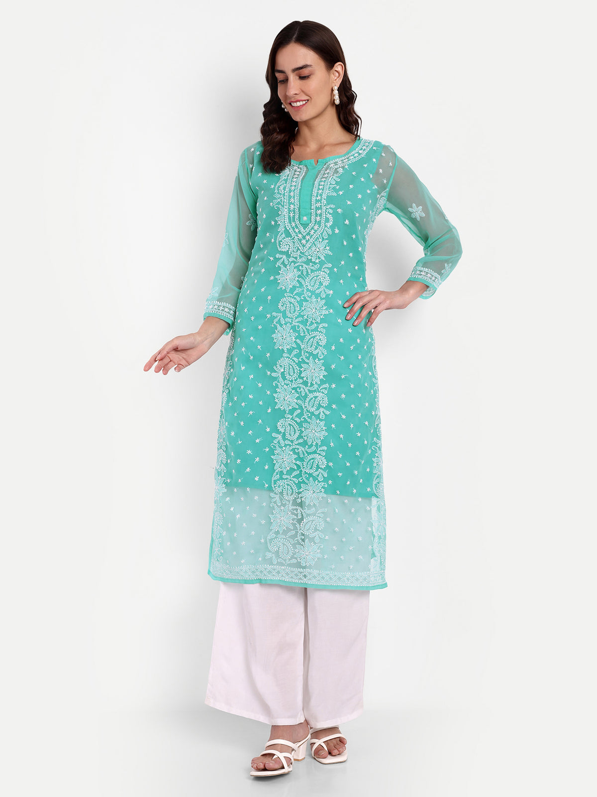 Lucknow Chikankari Hand Embroidered Kurta with Matching Inner, Georgette