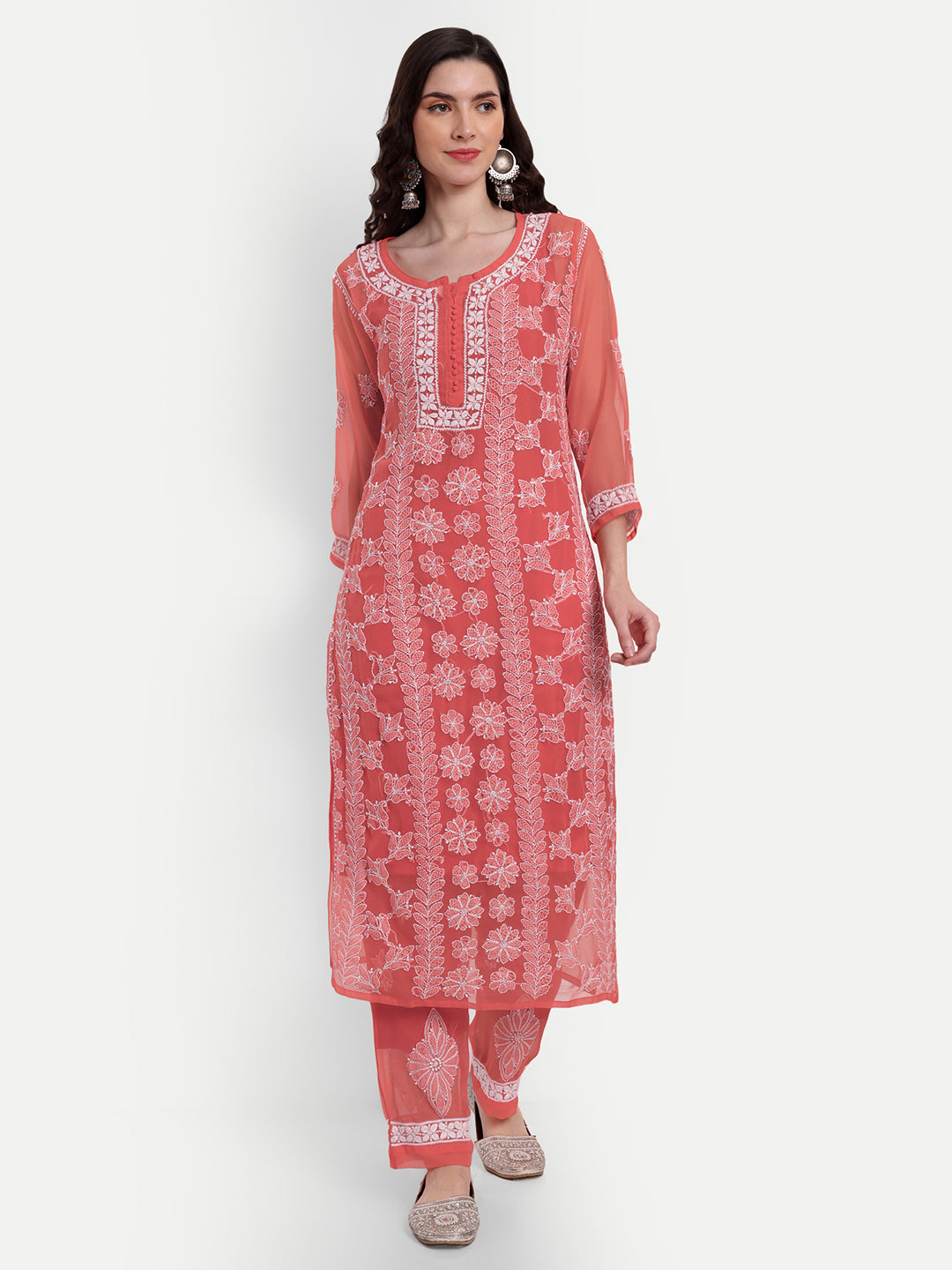 Lucknow Chikankari Hand Embroidered Long Kurta Set and matching slip Ruby Red