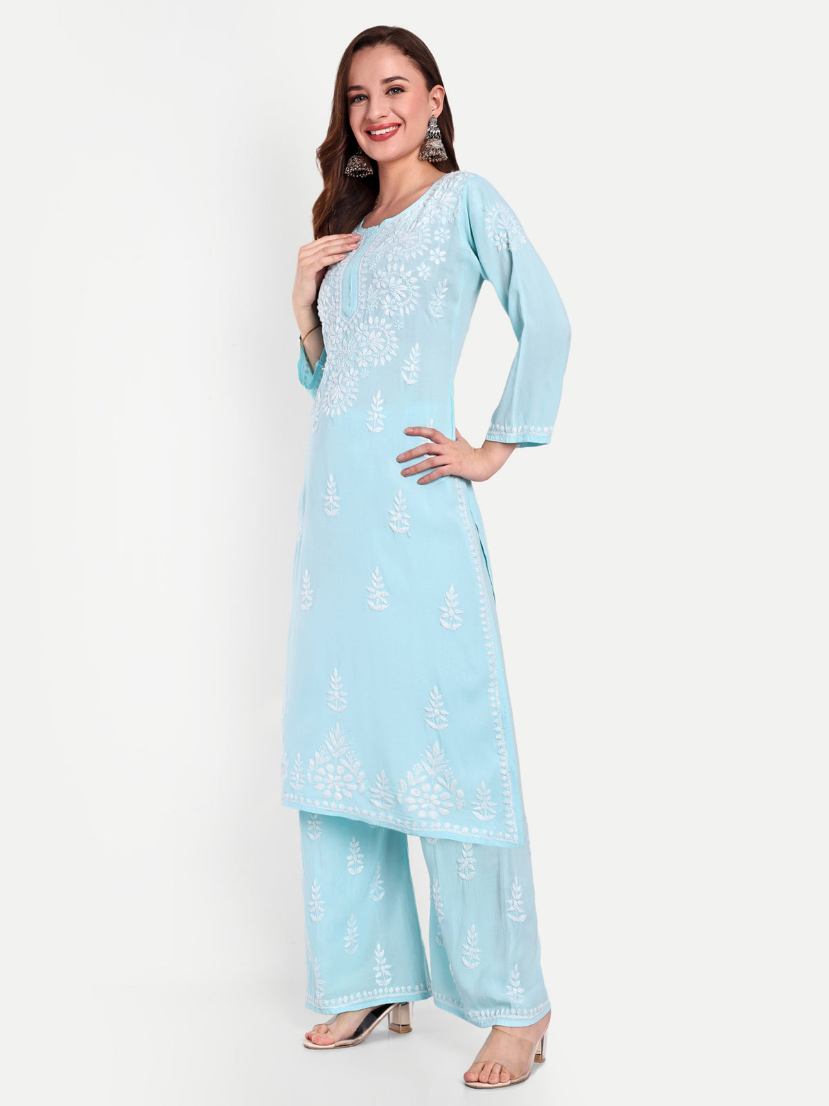 Lucknow Chikankari Hand Embroidered Kurta and Palazzo Set Rayon