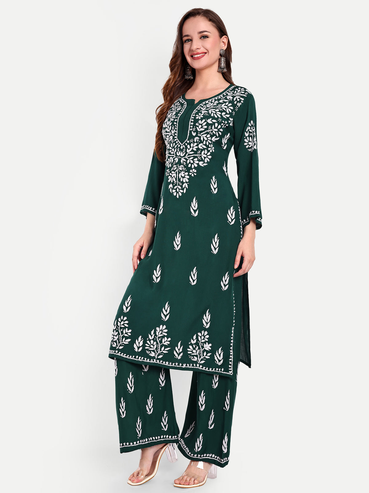 Lucknow Chikankari Hand Embroidered Kurta and Palazzo Set Rayon