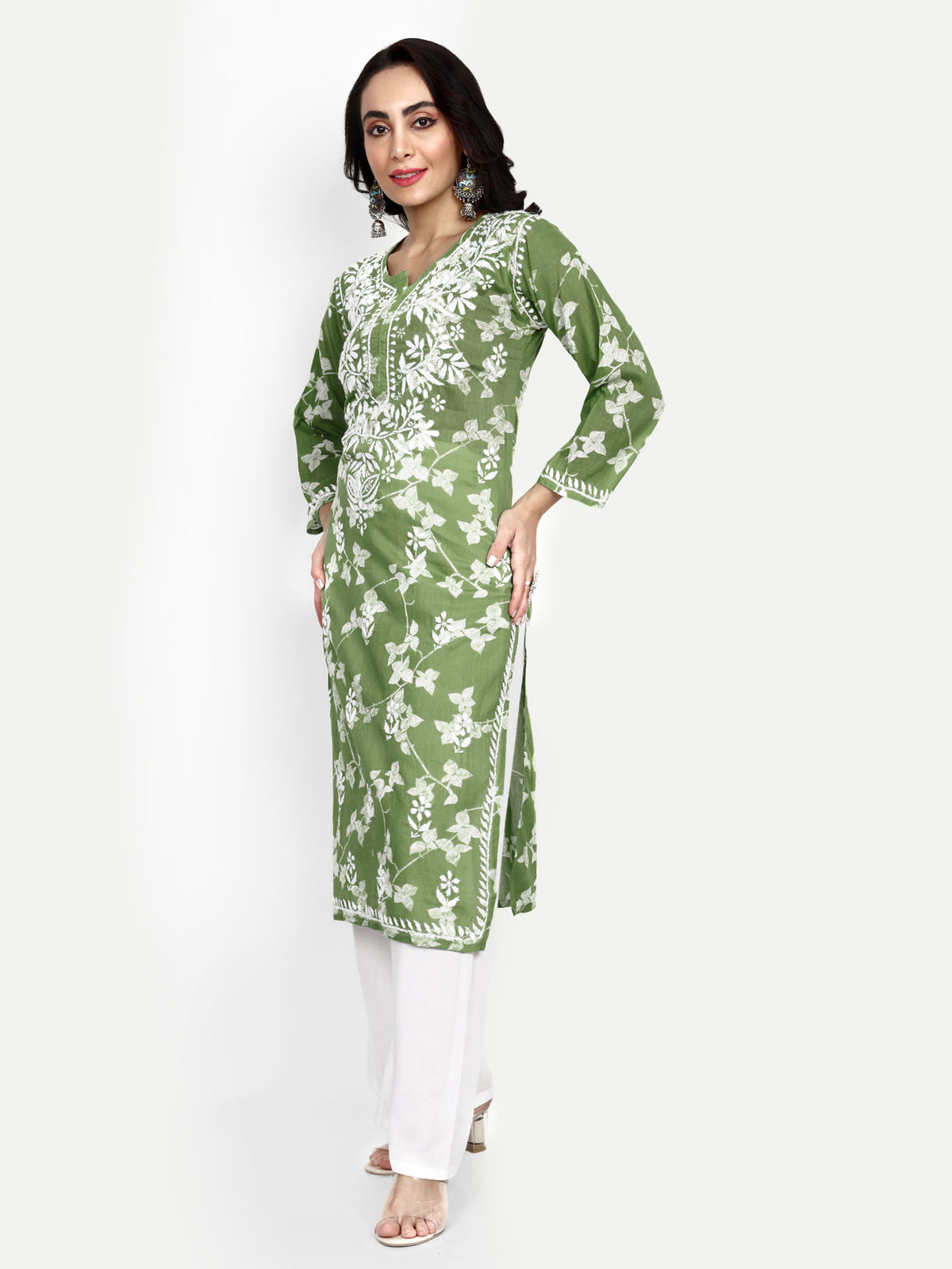 Lucknow Chikankari Hand Embroidered Long Kurta Mulmul