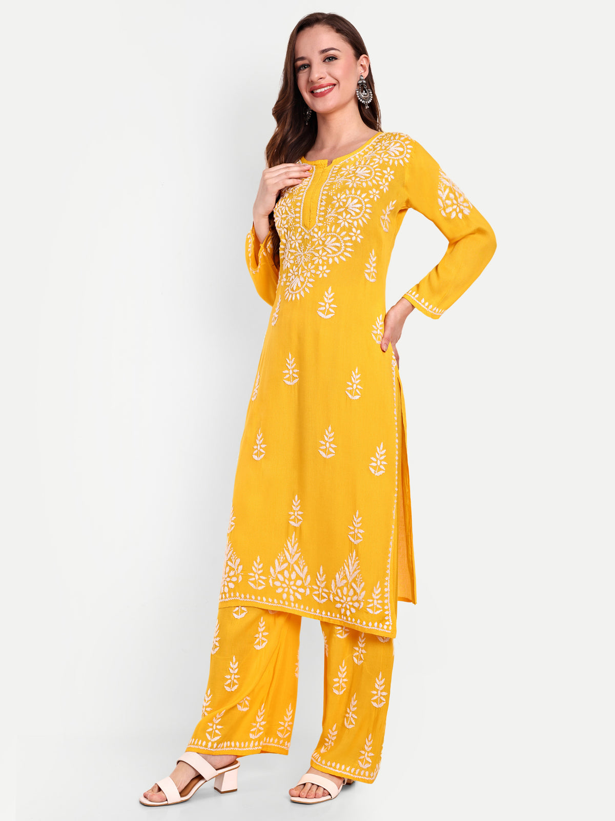 Lucknow Chikankari Hand Embroidered Kurta and Palazzo Set Rayon