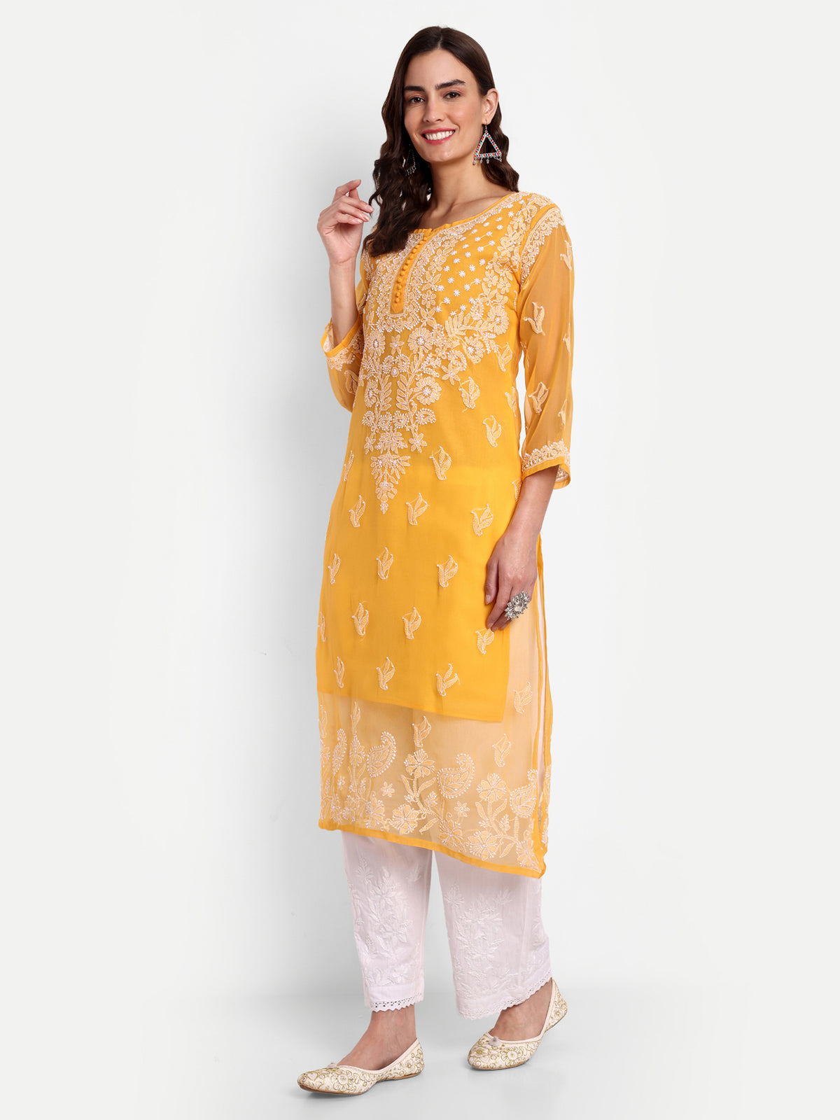 Lucknow Chikankari Hand Embroidered Kurta with Matching Inner, Georgette