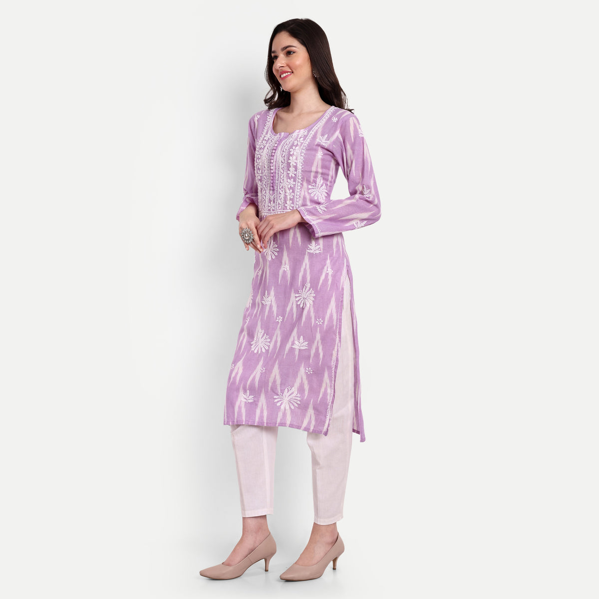 Lucknow Chikankari Hand Embroidered  Kurta  Ikat Cotton