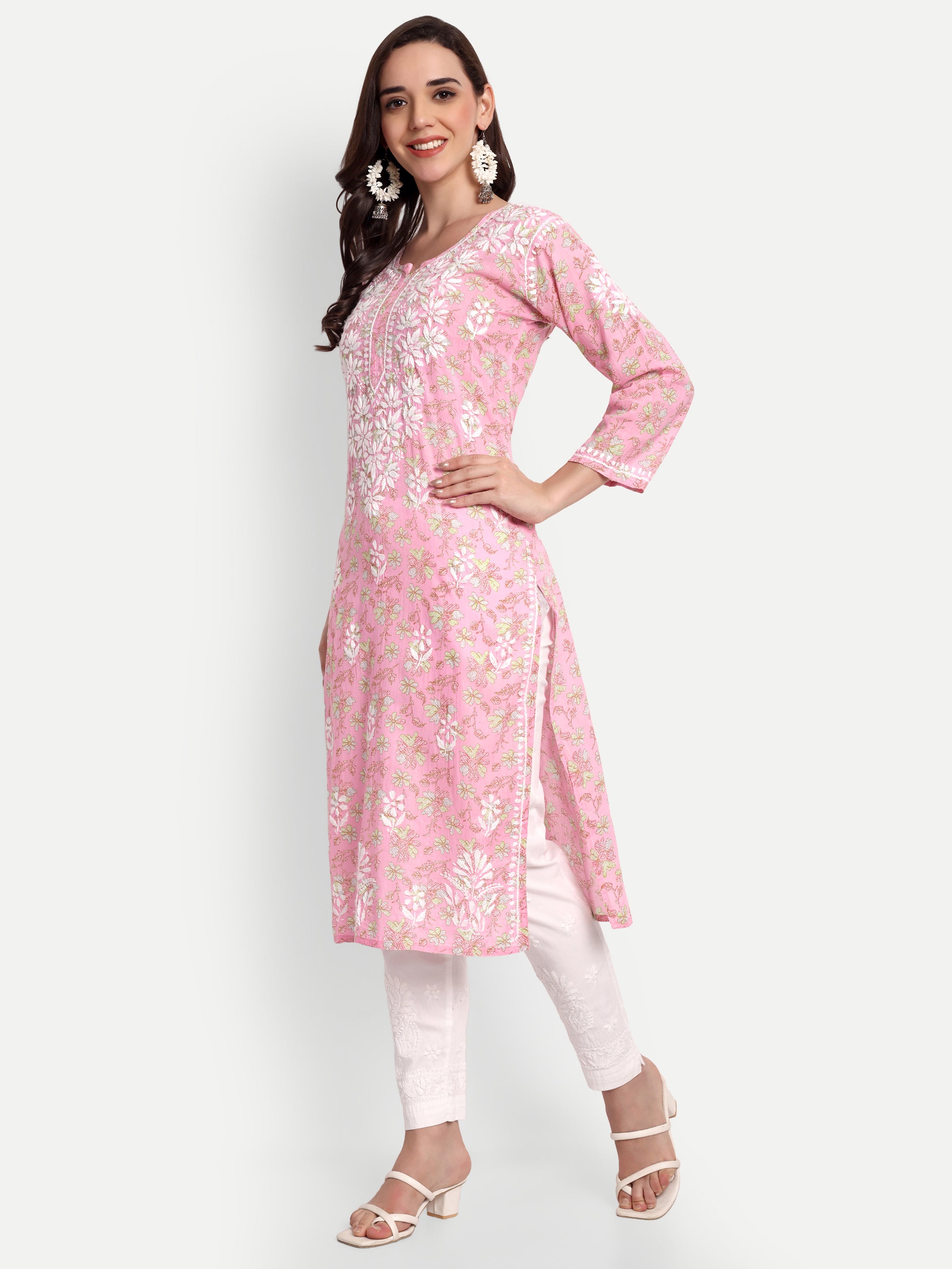 Lucknow Chikankari Hand Embroidered Long Kurta Mulmul Cotton