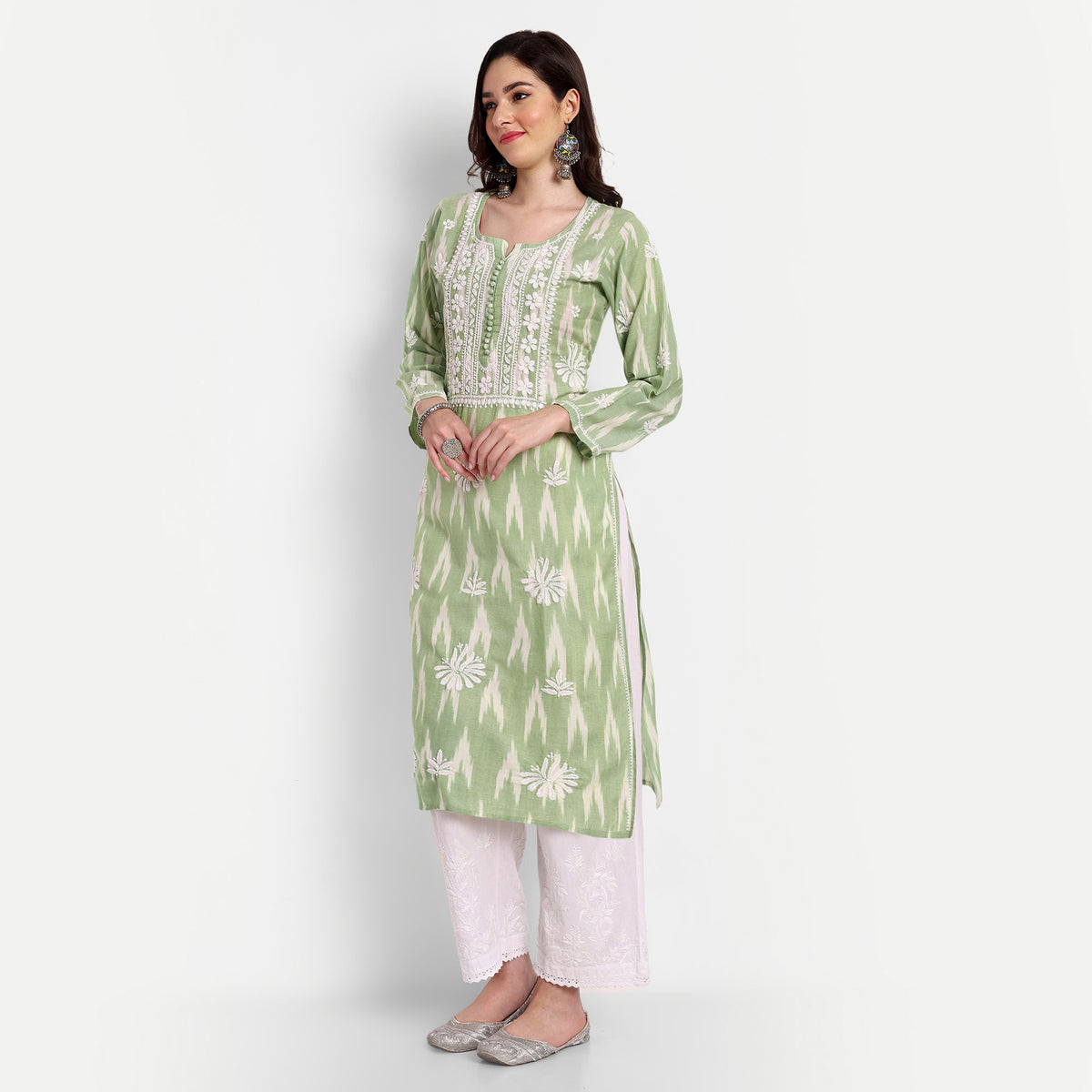 Lucknow Chikankari Hand Embroidered  Kurta  Ikat Cotton