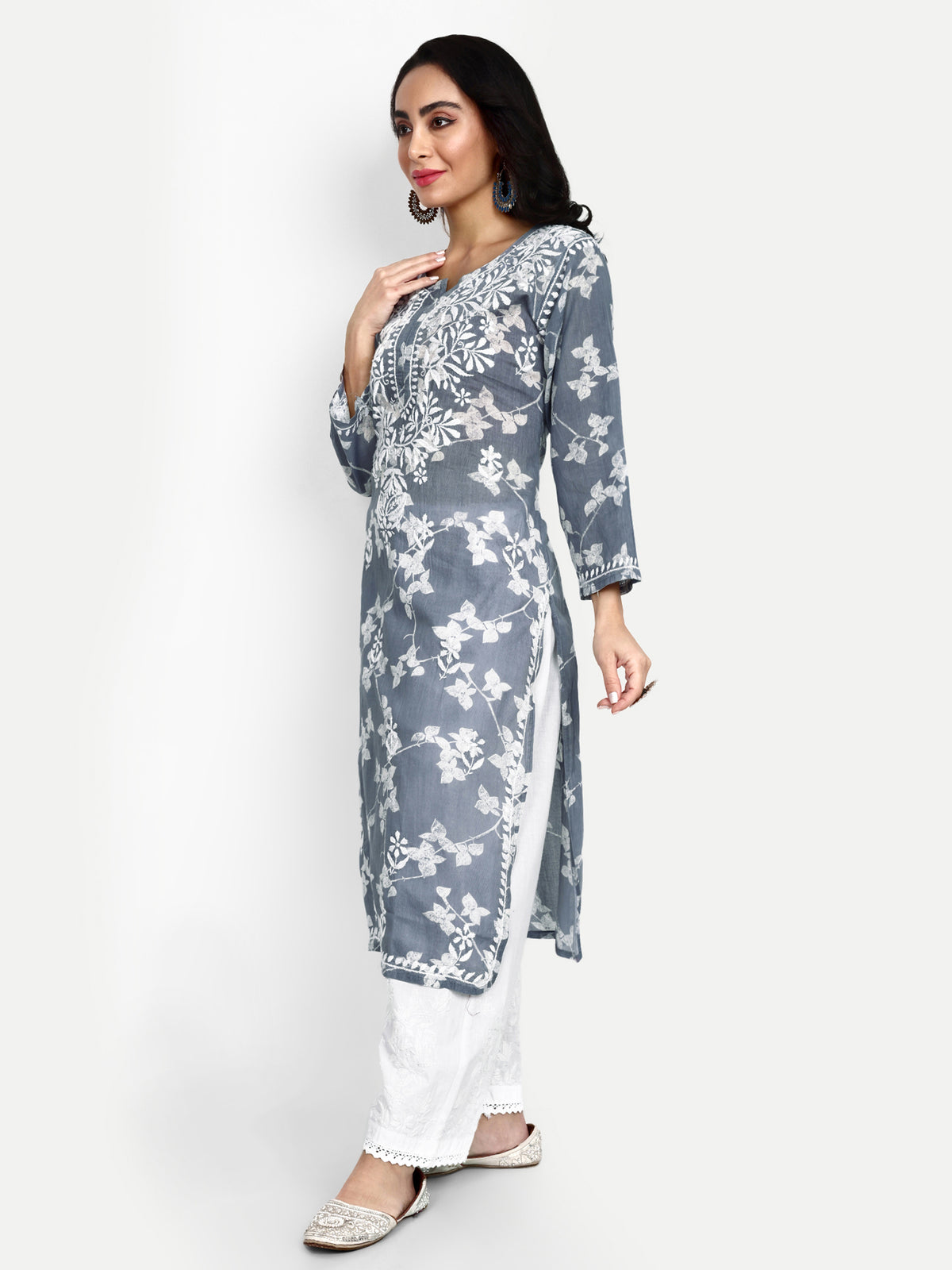 Lucknow Chikankari Hand Embroidered Long Kurta Mulmul