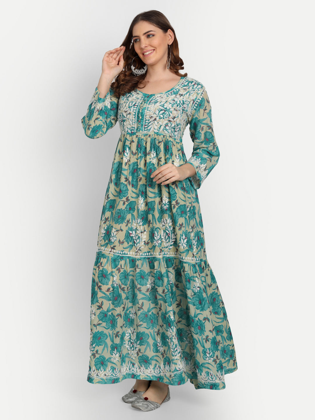 Lucknow Chikankari Hand Embroidered Tiered Long Kurta Gown Mulmul Cotton