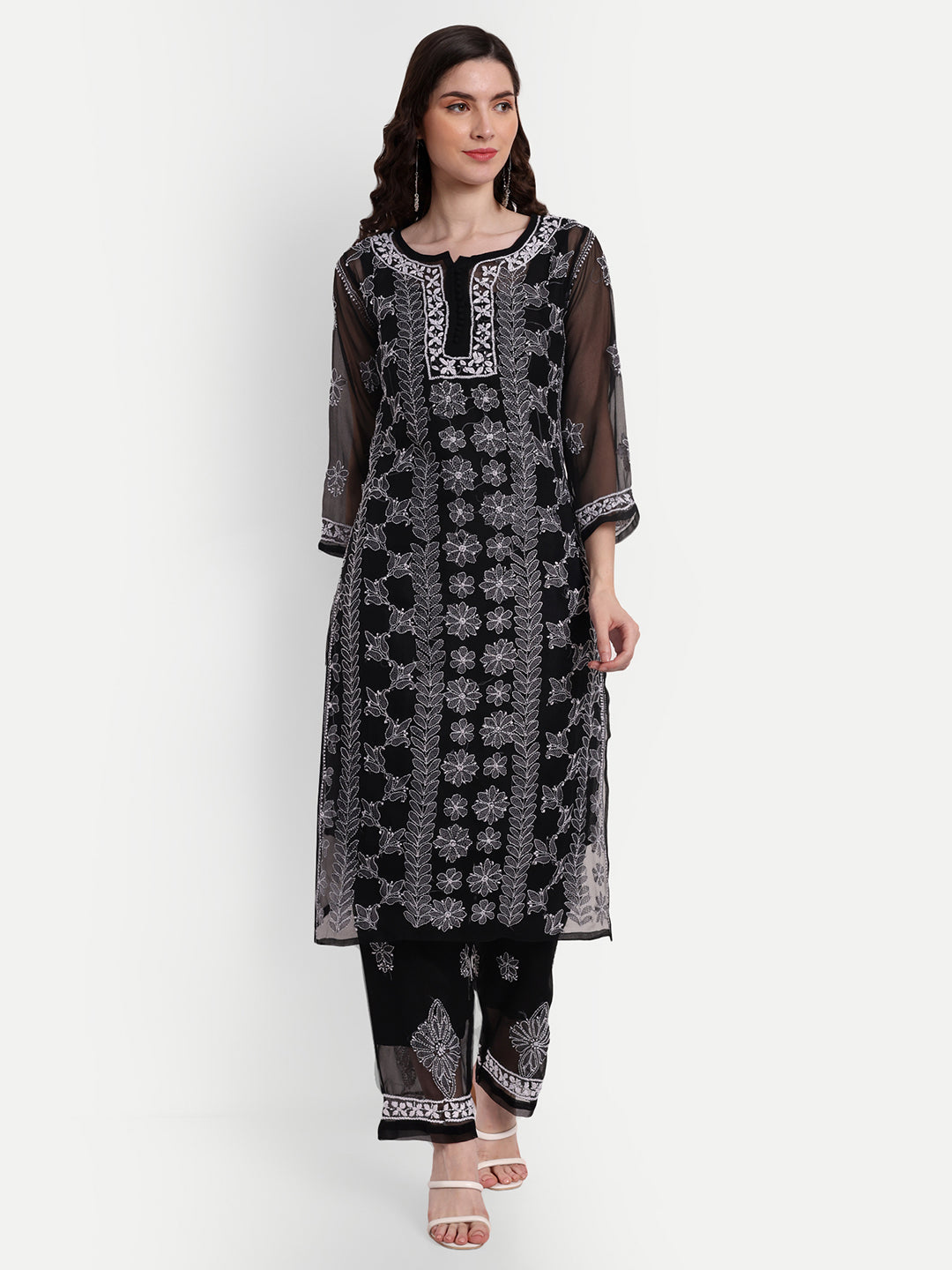 Lucknow Chikankari Hand Embroidered Long Kurta Set with Palazzo set with matching inner slip