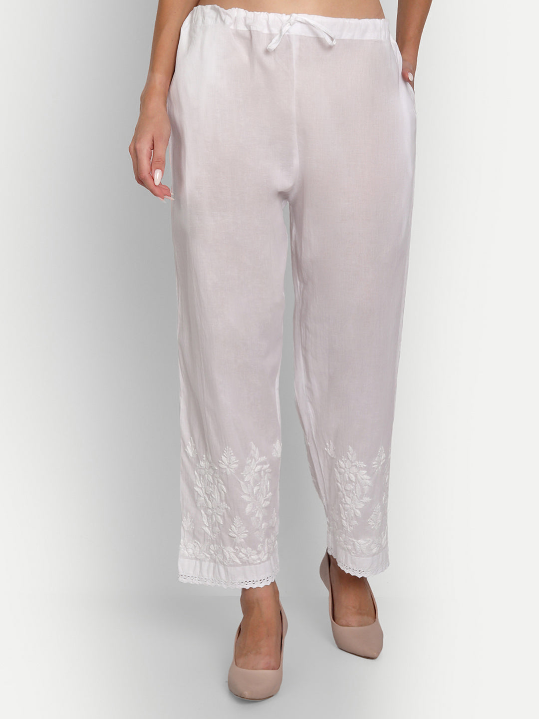 Women Chikankari Hand Embroidered Palazzo Cotton White eCustomerfirst Retail LLP