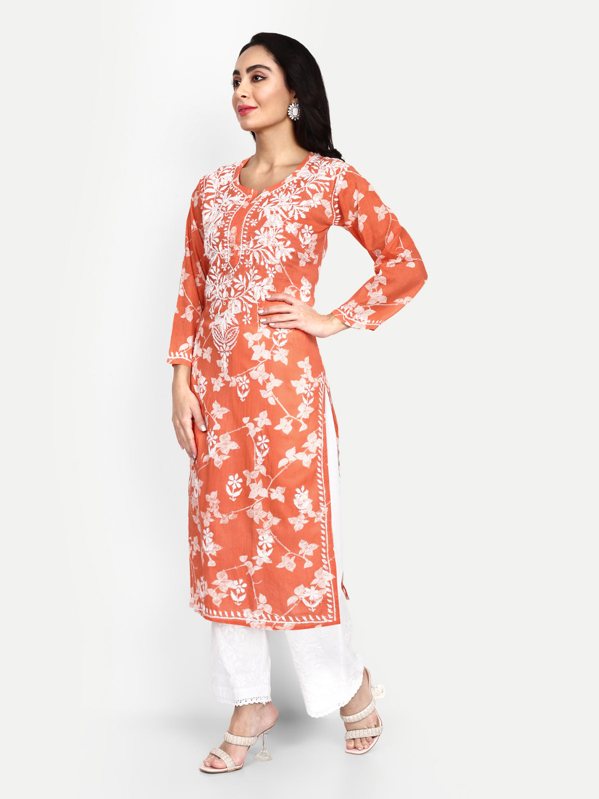 Lucknow Chikankari Hand Embroidered Long Kurta Mulmul