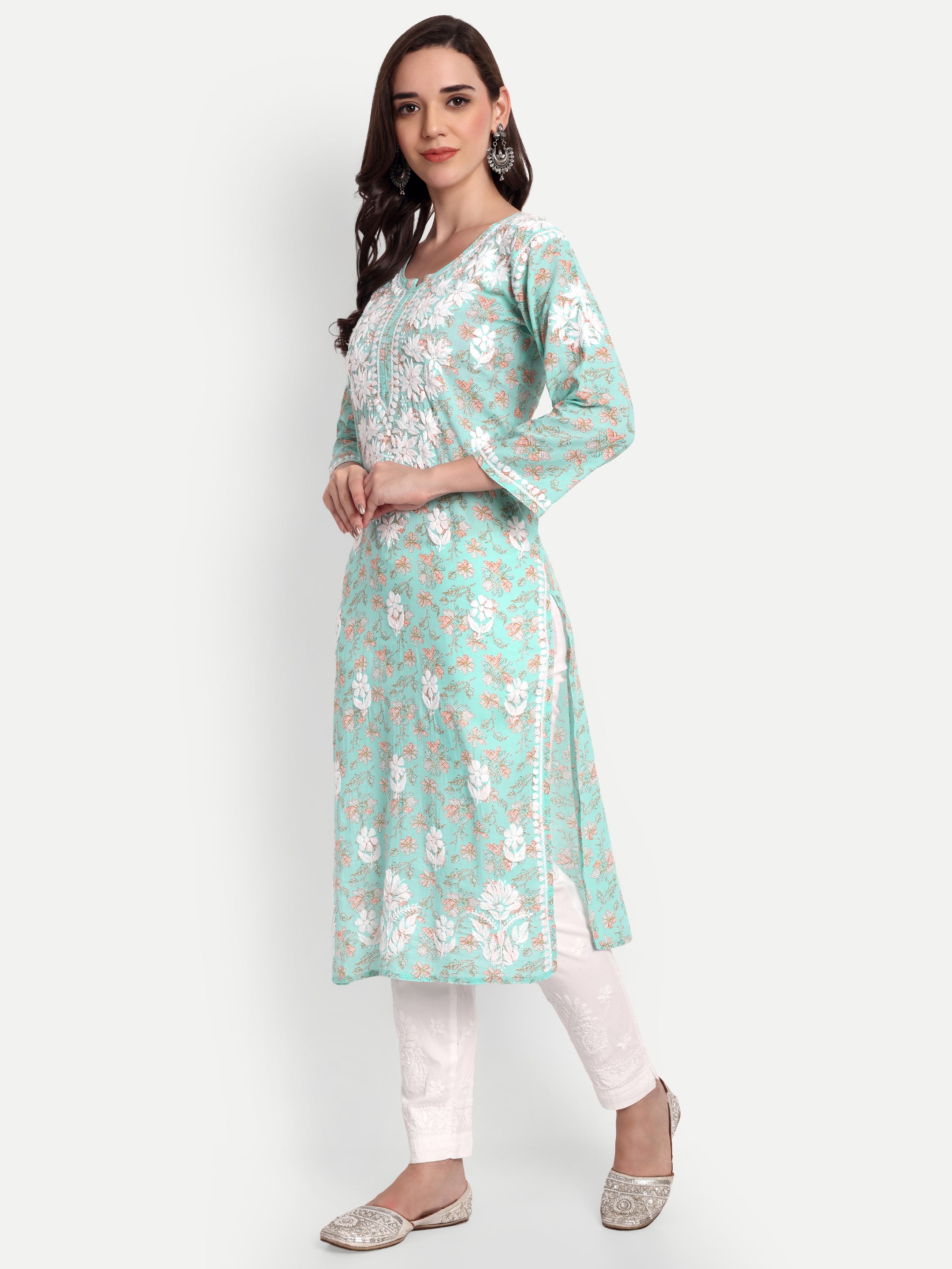 Lucknow Chikankari Hand Embroidered Long Kurta Mulmul Cotton