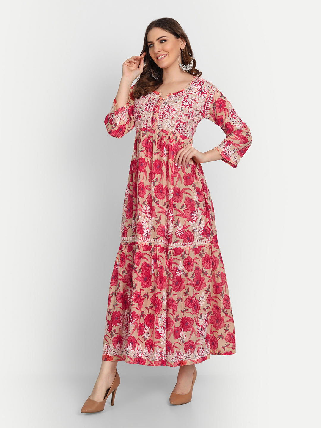 Lucknow Chikankari Hand Embroidered Tiered Long Kurta Gown Mulmul Cotton