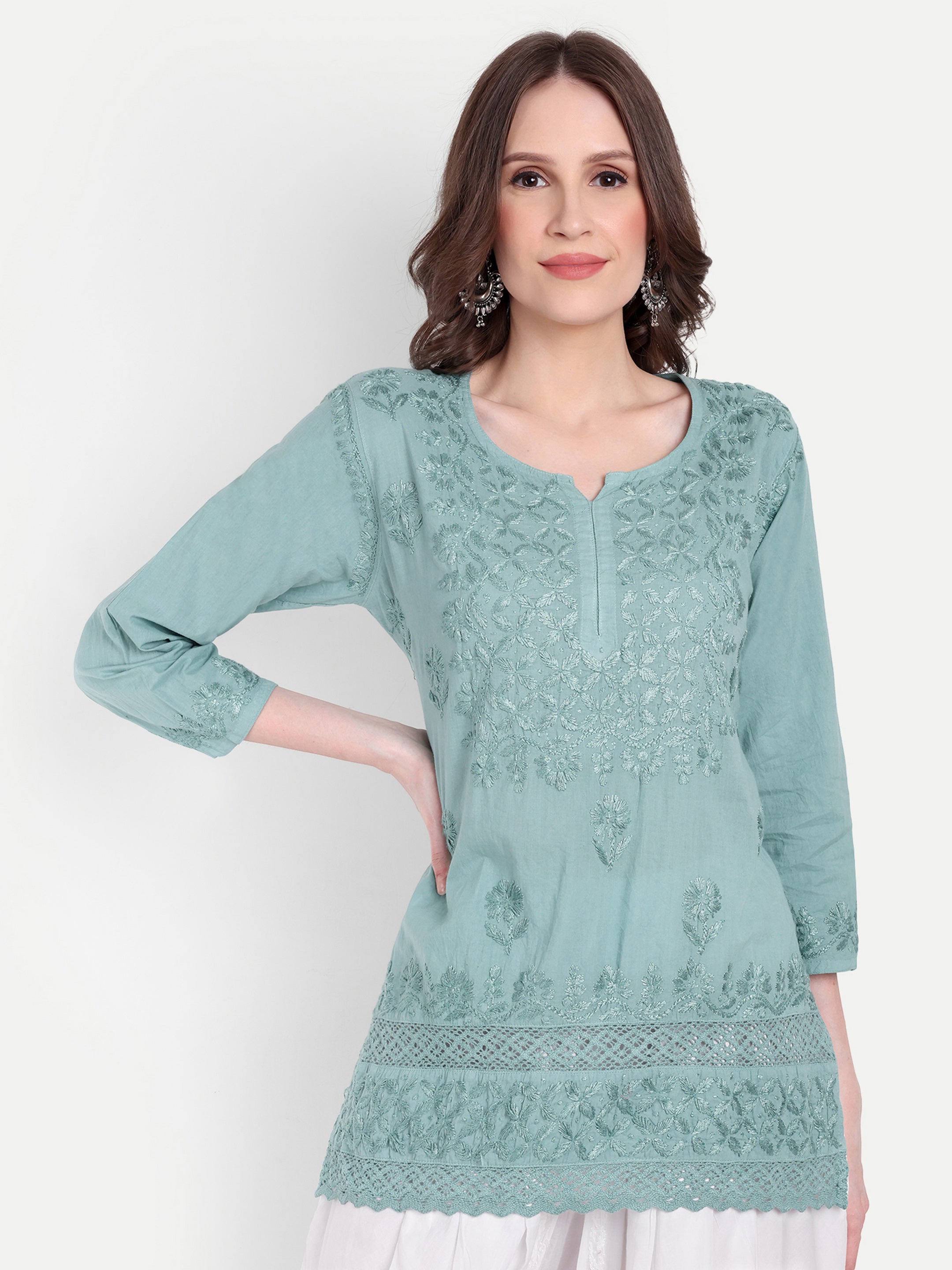 Lucknow Chikankari Hand Embroidered  Short Kurti Top Pure Cotton