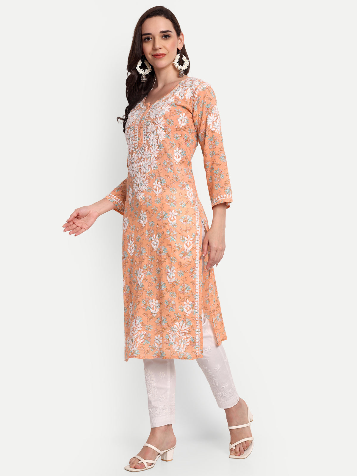 Lucknow Chikankari Hand Embroidered Long Kurta Mulmul Cotton