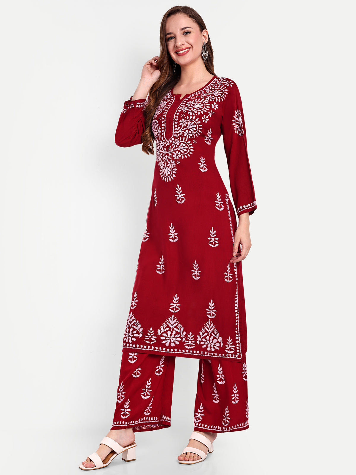 Lucknow Chikankari Hand Embroidered Kurta and Palazzo Set Rayon