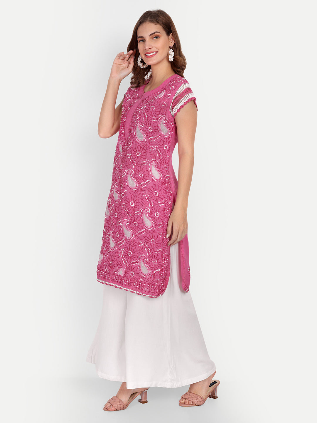 Chikankari Hand Embroidered  Kurta with Crochet Sleeves Cotton