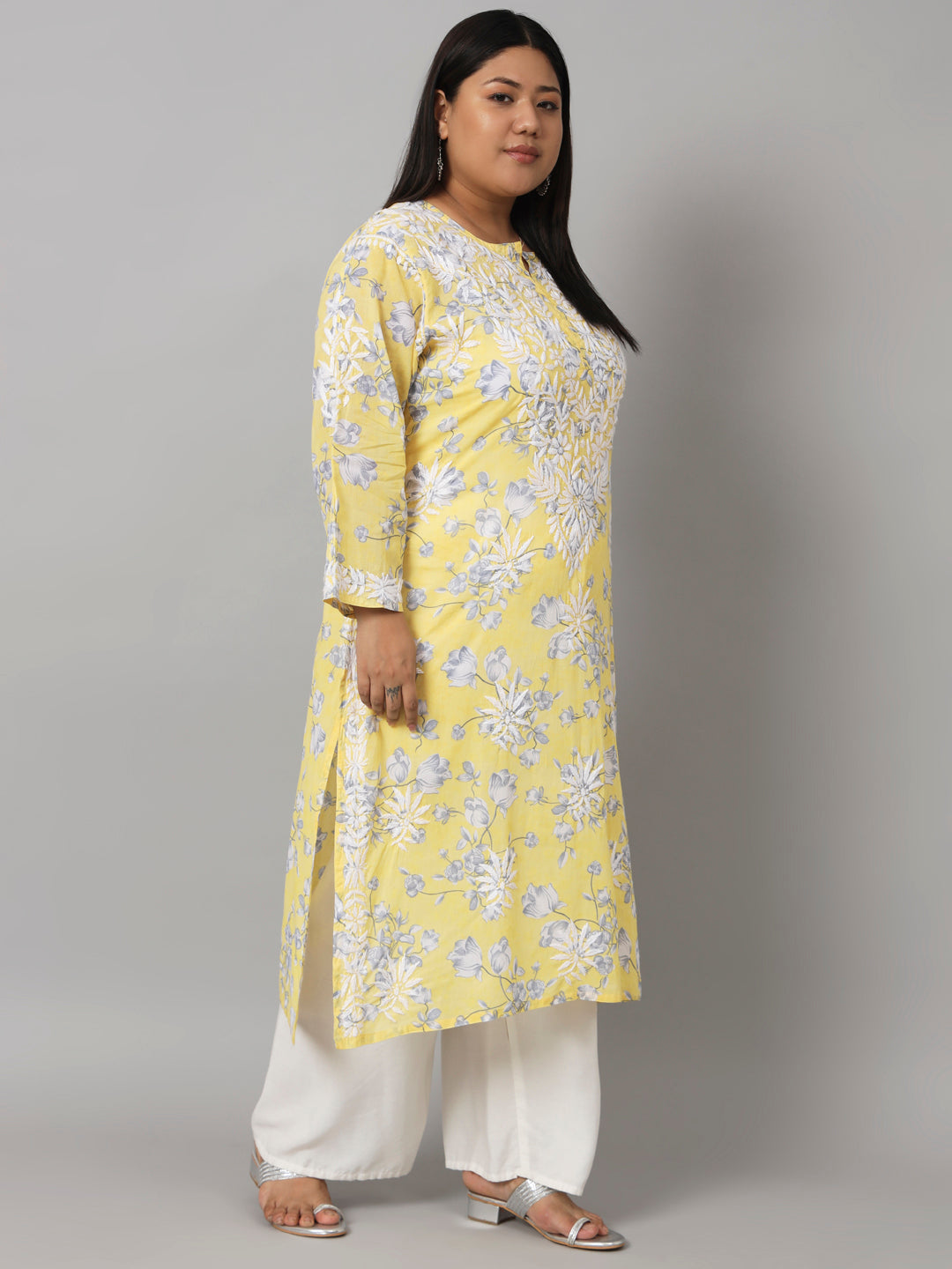 Lucknow Chikankari Hand Embroidered Long Kurta Mulmul Cotton, Plus Sizes