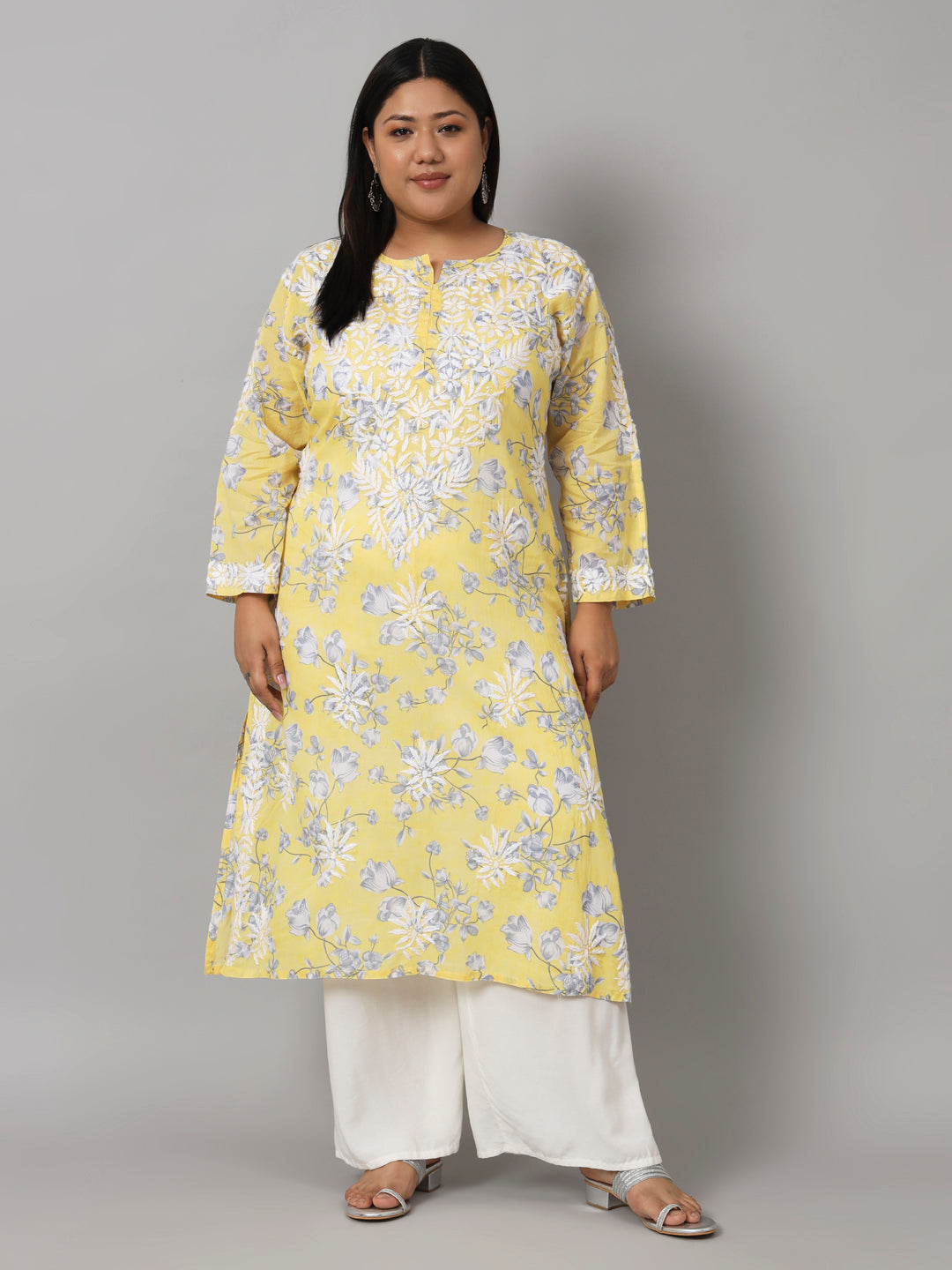 Lucknow Chikankari Hand Embroidered Long Kurta Mulmul Cotton, Plus Sizes