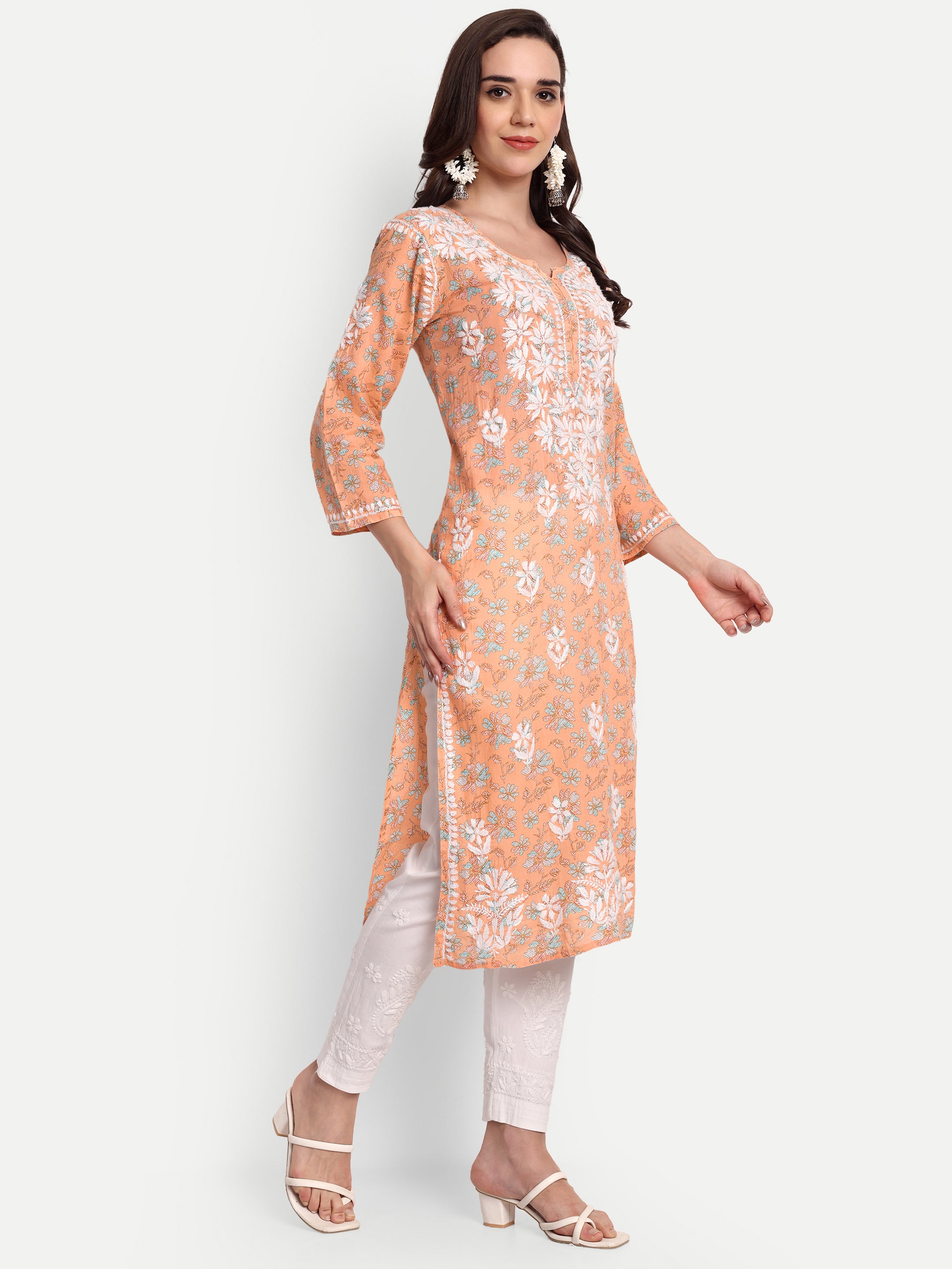 Lucknow Chikankari Hand Embroidered Long Kurta Mulmul Cotton