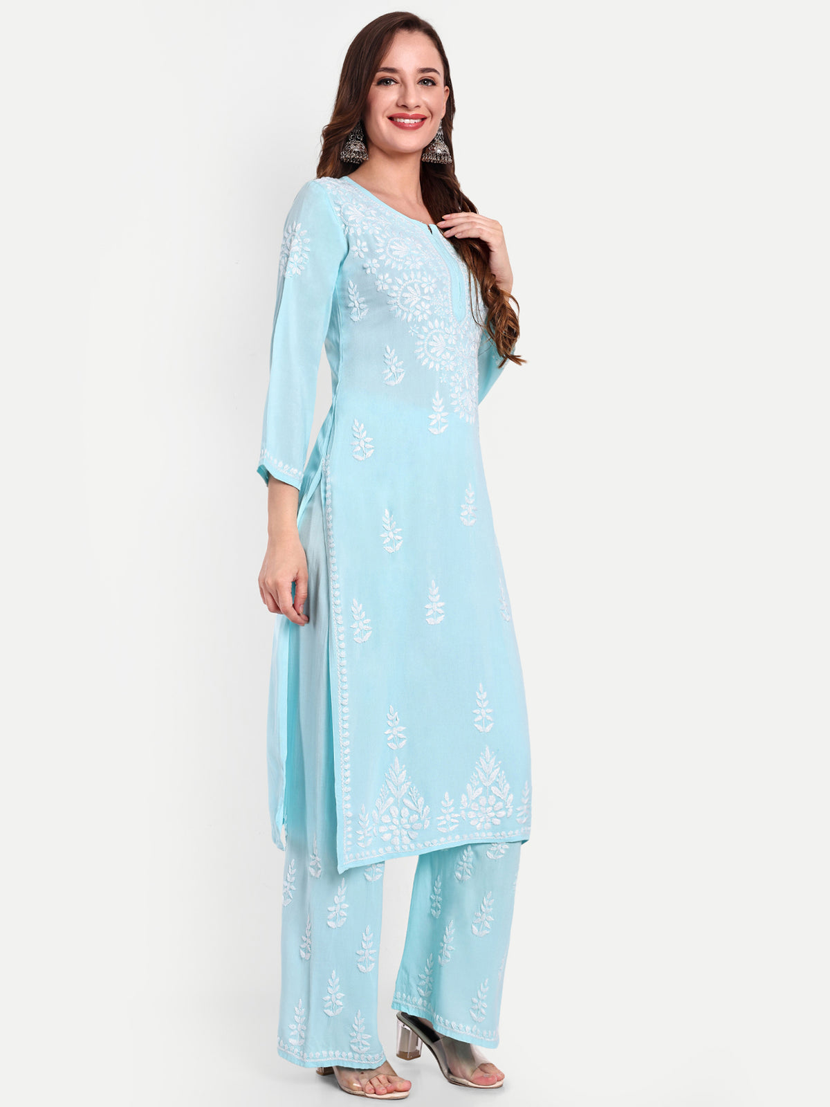 Lucknow Chikankari Hand Embroidered Kurta and Palazzo Set Rayon