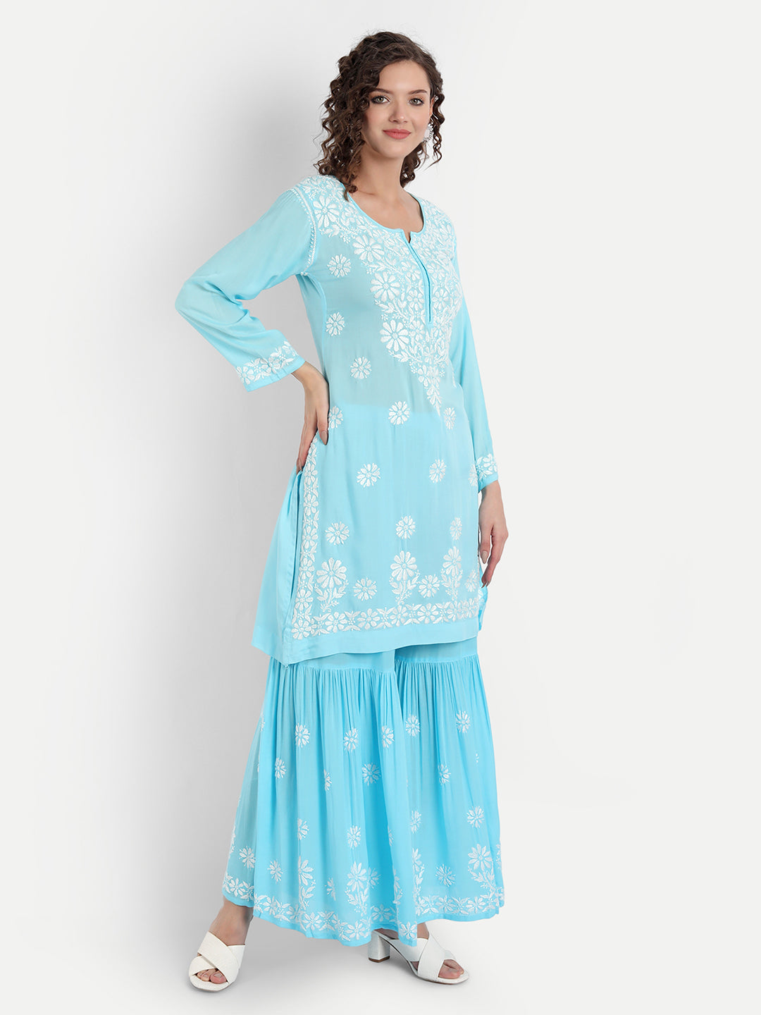 Lucknow Chikankari Hand Embroidered Kurta and Palazzo Set Modal Cotton Blue