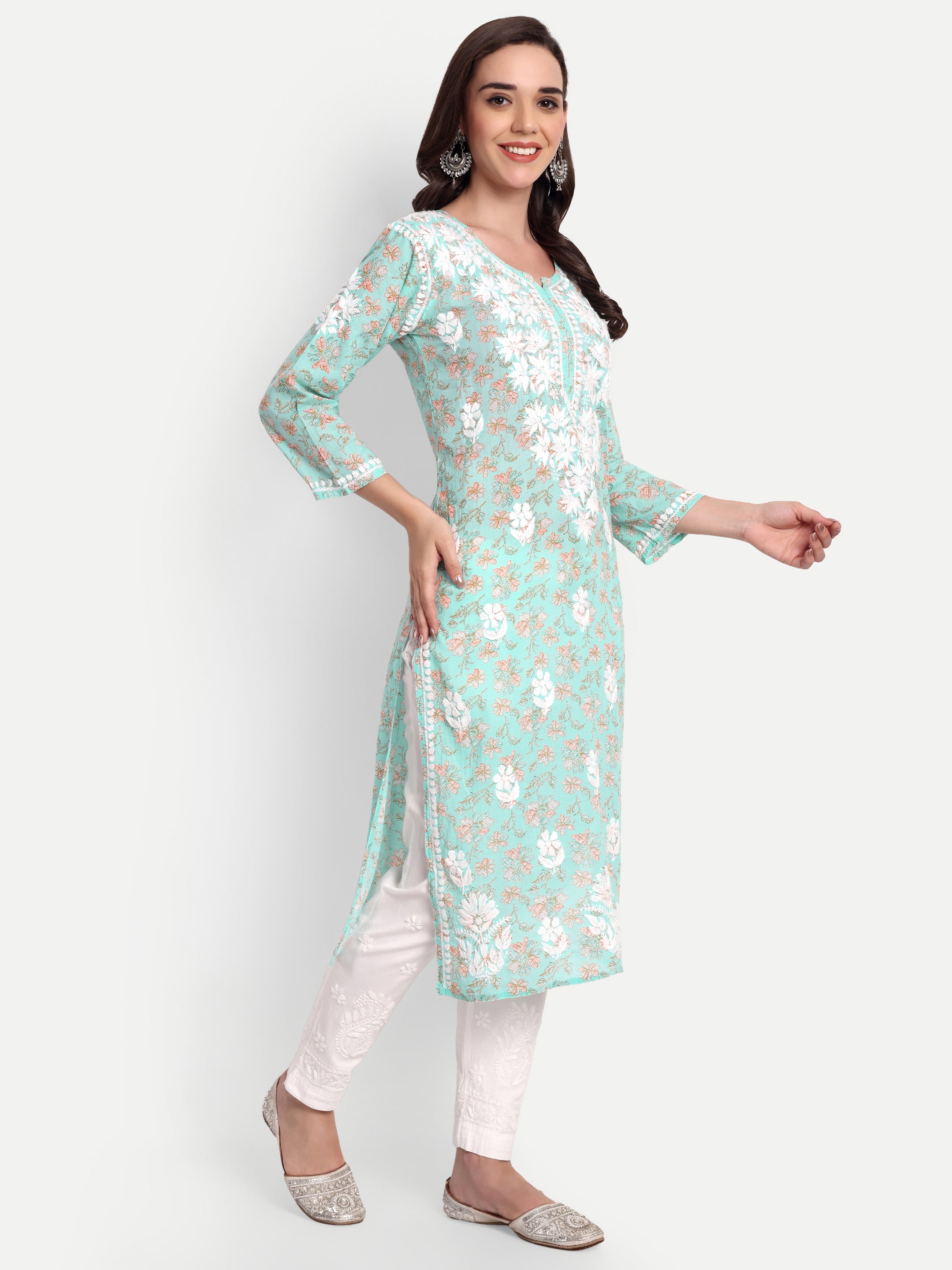 Lucknow Chikankari Hand Embroidered Long Kurta Mulmul Cotton