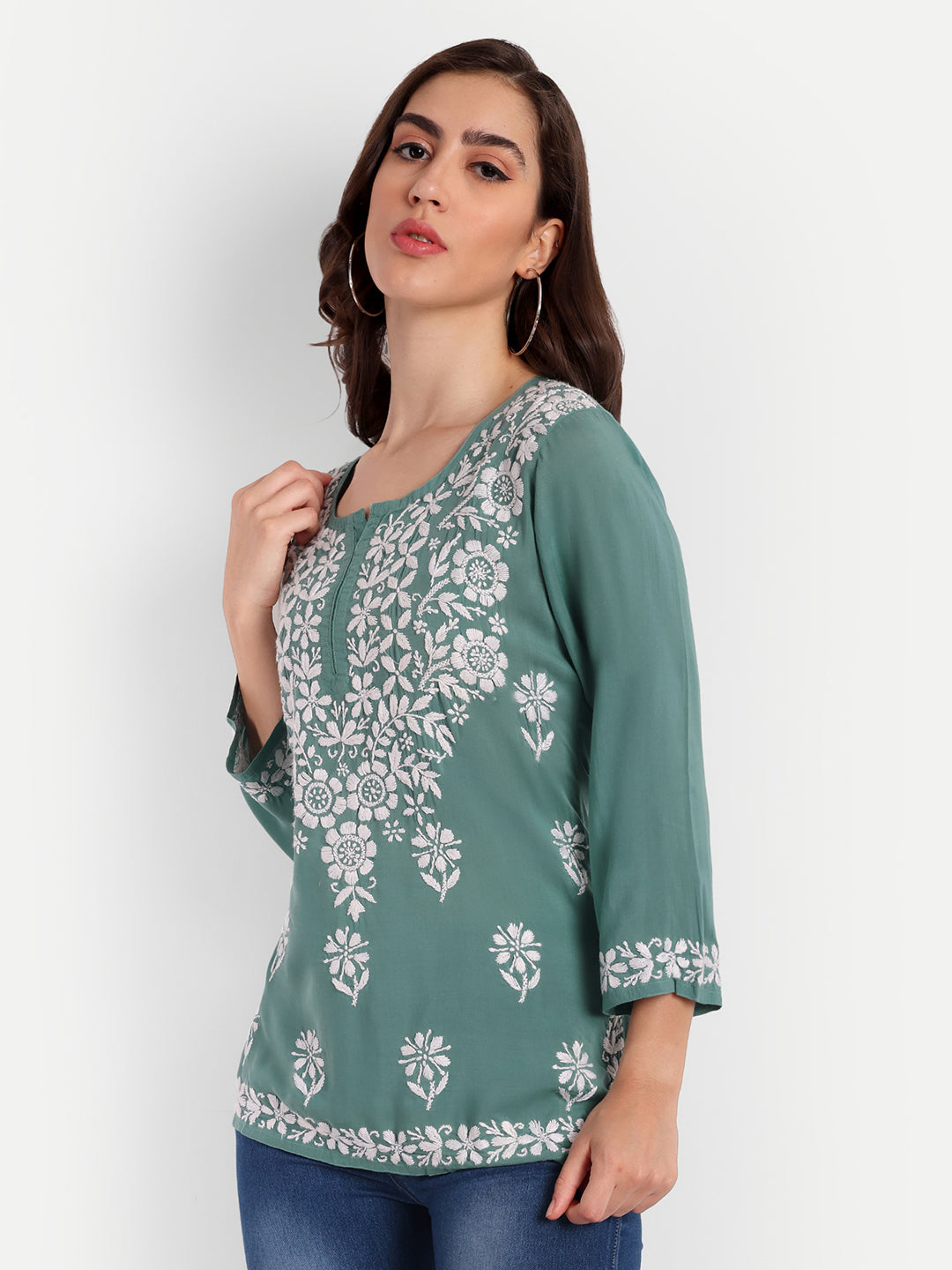 Lucknow Chikankari Hand Embroidered  Short Top Modal Cotton