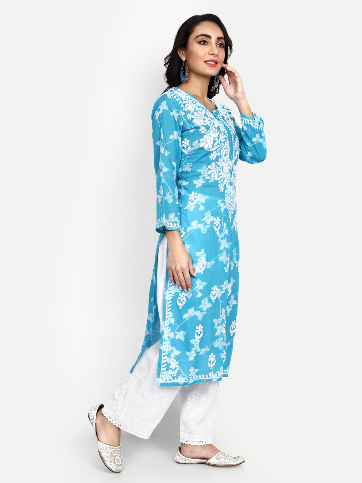 Lucknow Chikankari Hand Embroidered Long Kurta Mulmul