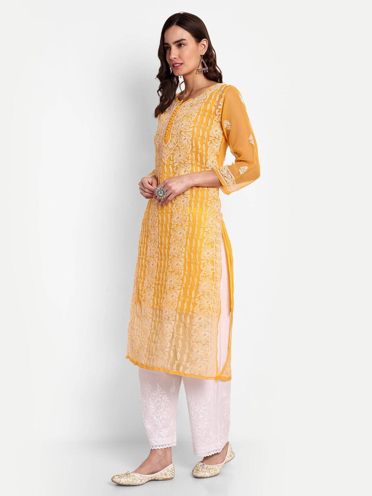 Lucknow Chikankari Hand Embroidered Kurta with Matching Inner, Georgette