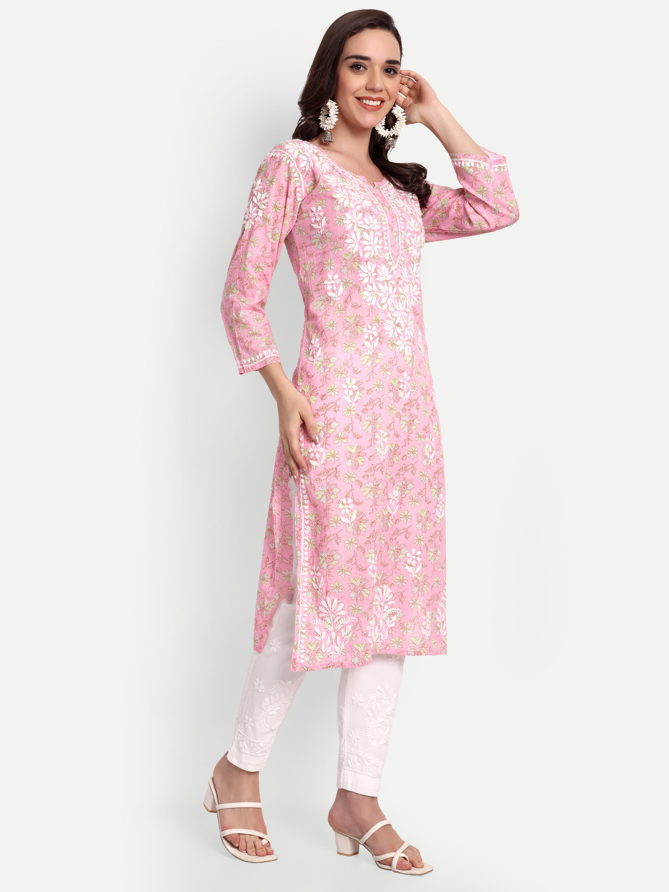 Lucknow Chikankari Hand Embroidered Long Kurta Mulmul Cotton