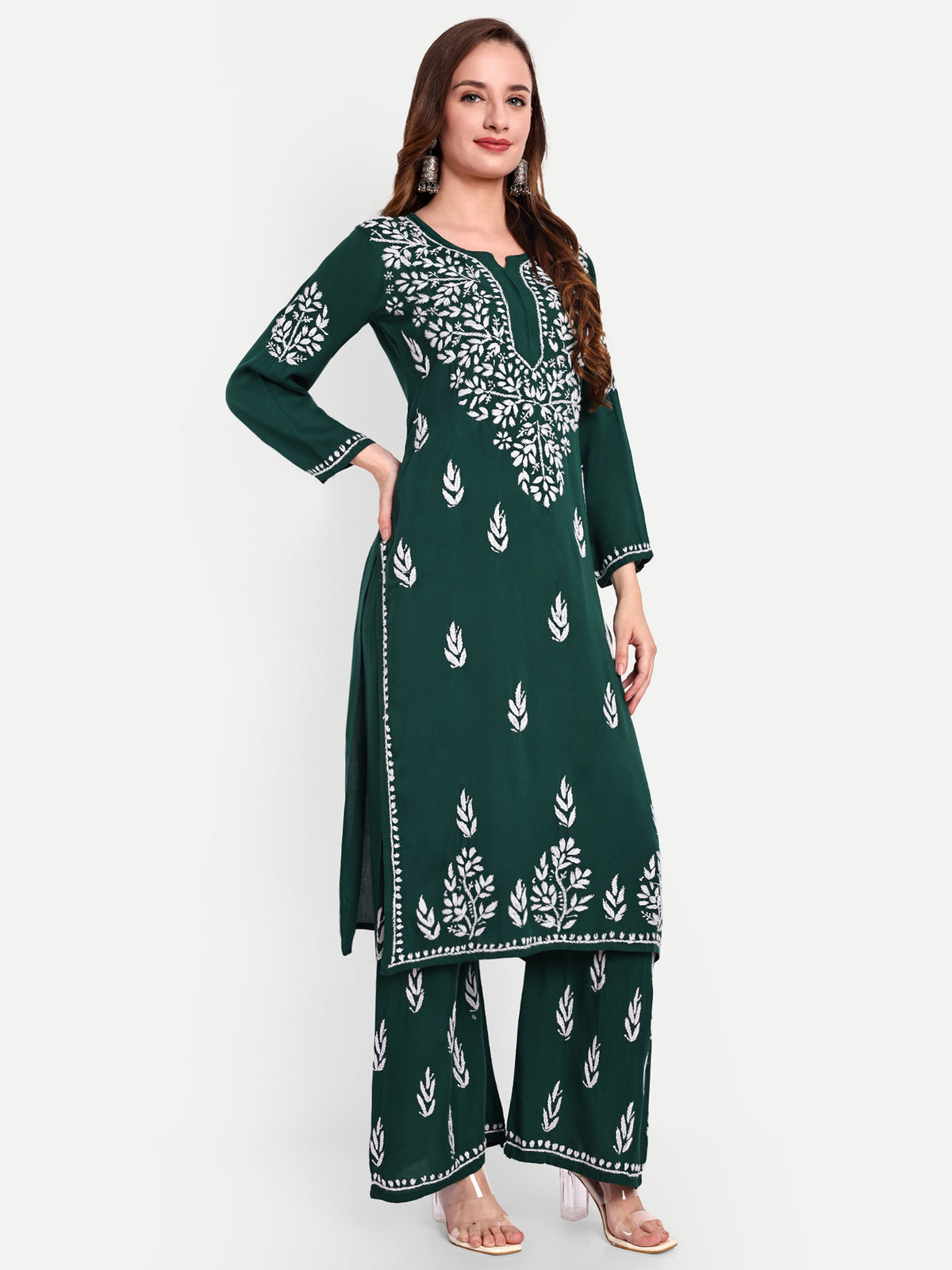 Lucknow Chikankari Hand Embroidered Kurta and Palazzo Set Rayon