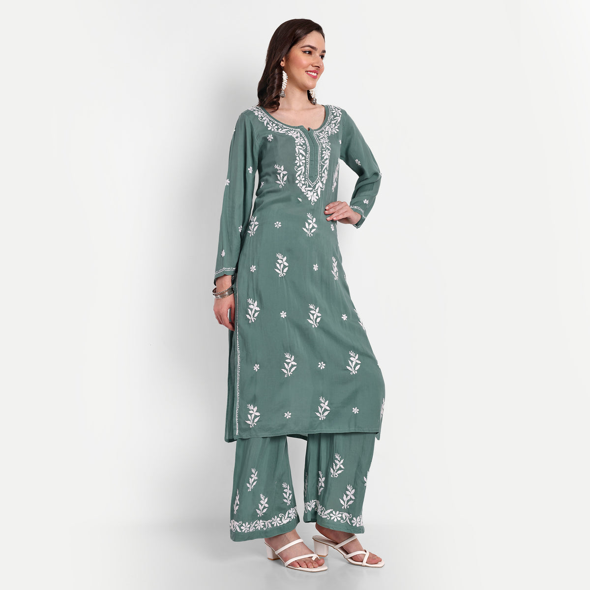 Lucknow Chikankari Hand Embroidered Kurta and Palazzo Set Modal Cotton