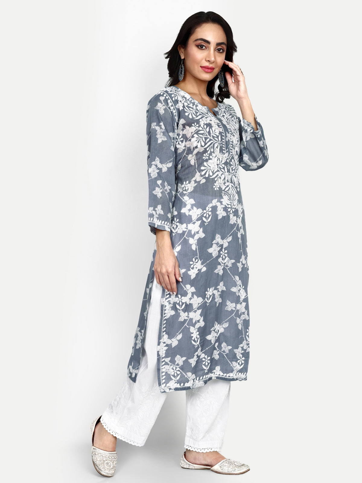 Lucknow Chikankari Hand Embroidered Long Kurta Mulmul