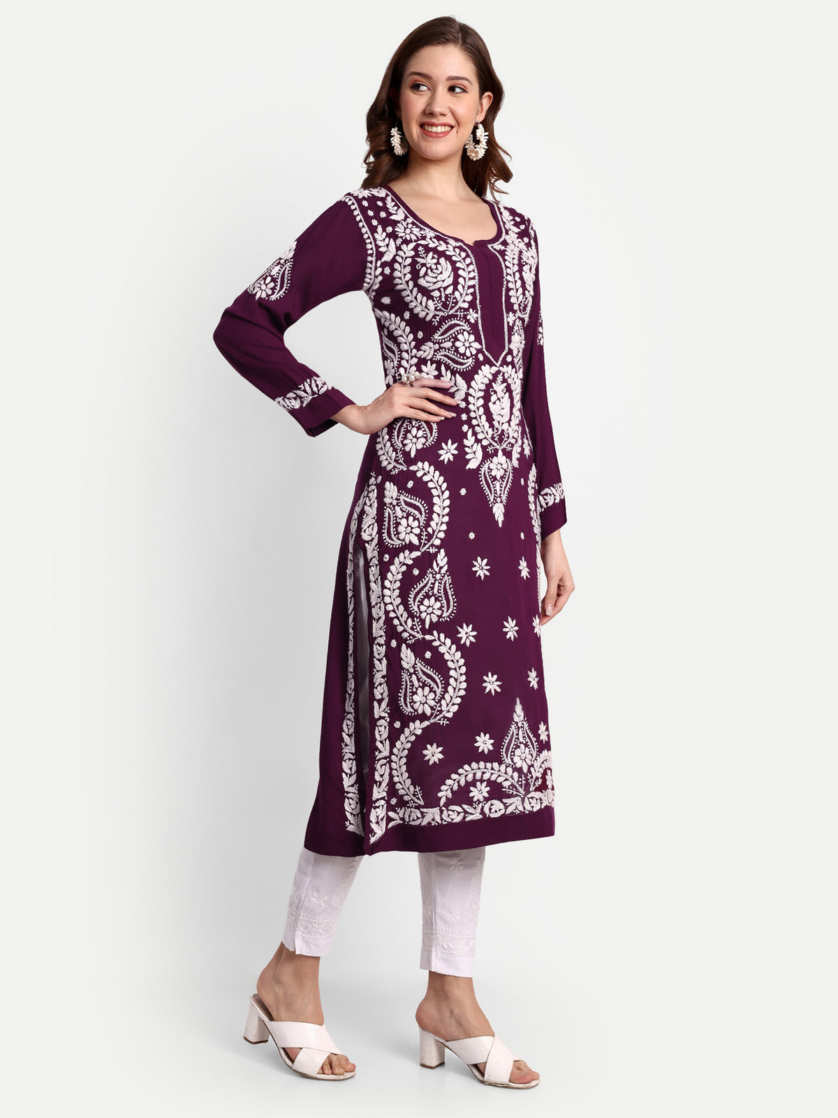 Lucknow Chikankari Hand Embroidered Long kurta  Modal Cotton