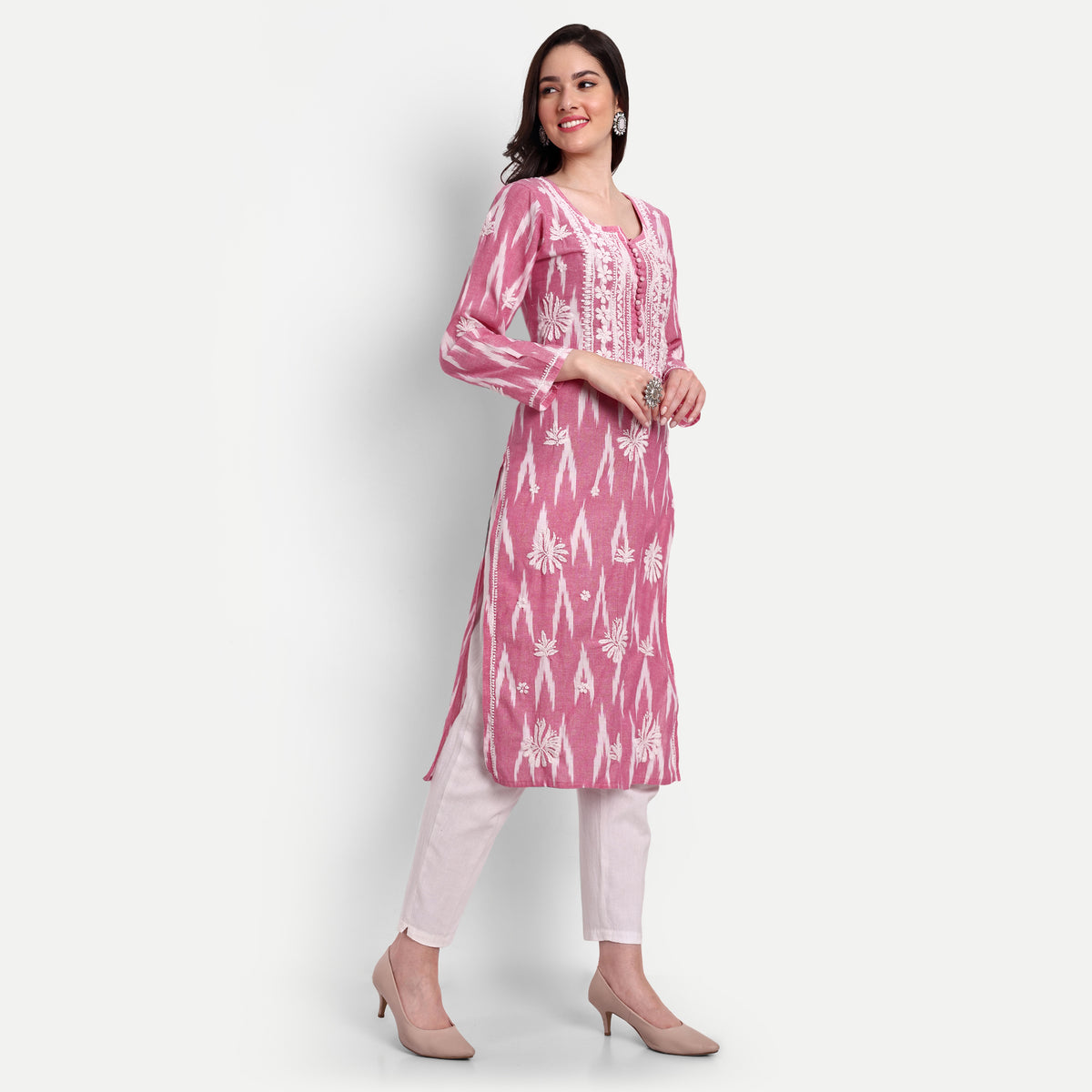 Lucknow Chikankari Hand Embroidered  Kurta  Ikat Cotton