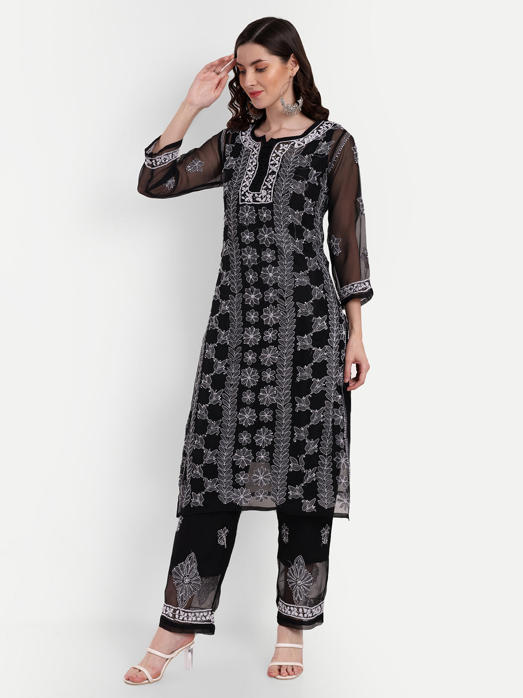 Lucknow Chikankari Hand Embroidered Long Kurta Set with Palazzo set with matching inner slip