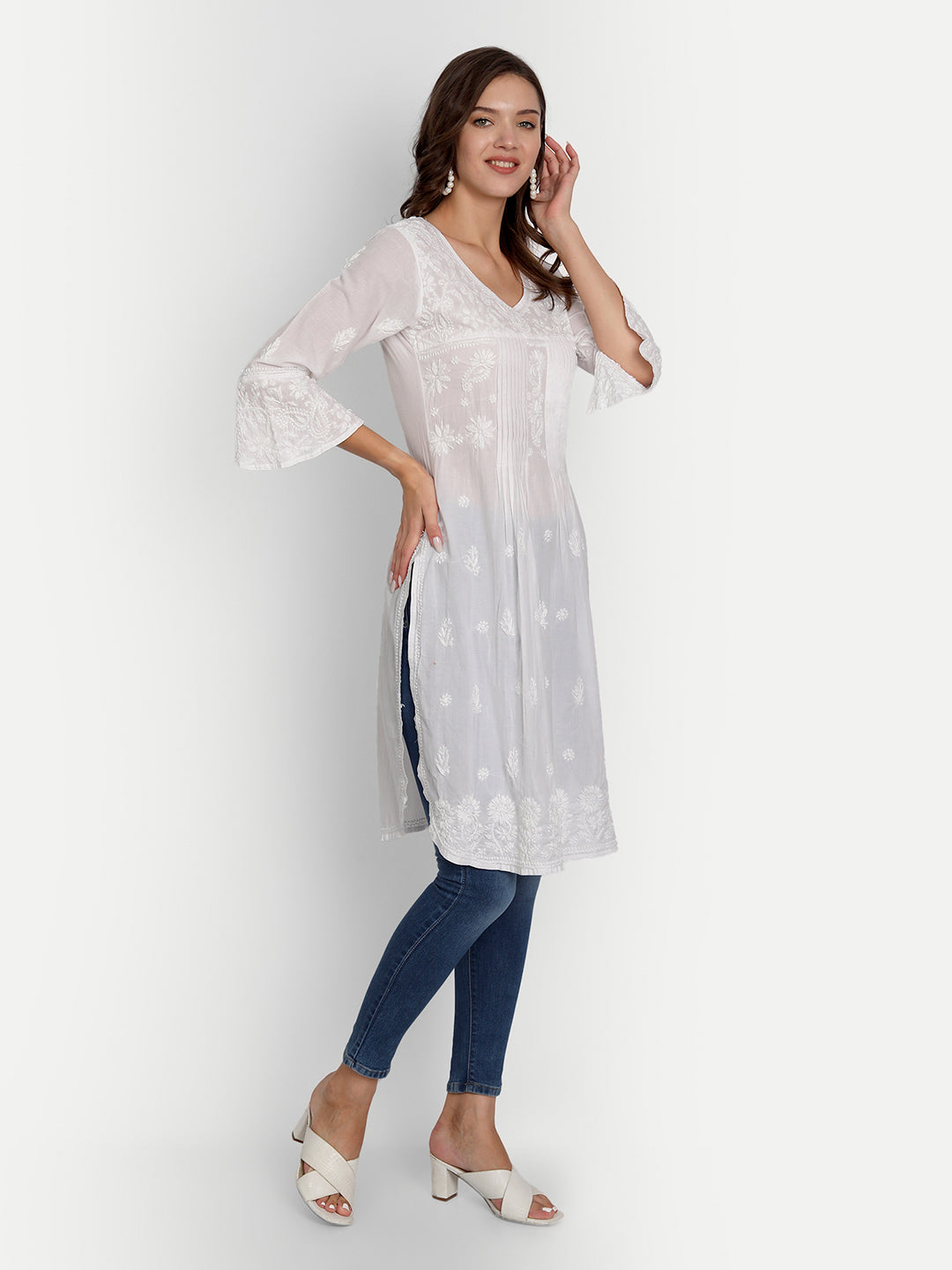 Chikankari Long Hand Embroidered Kurta  Cotton