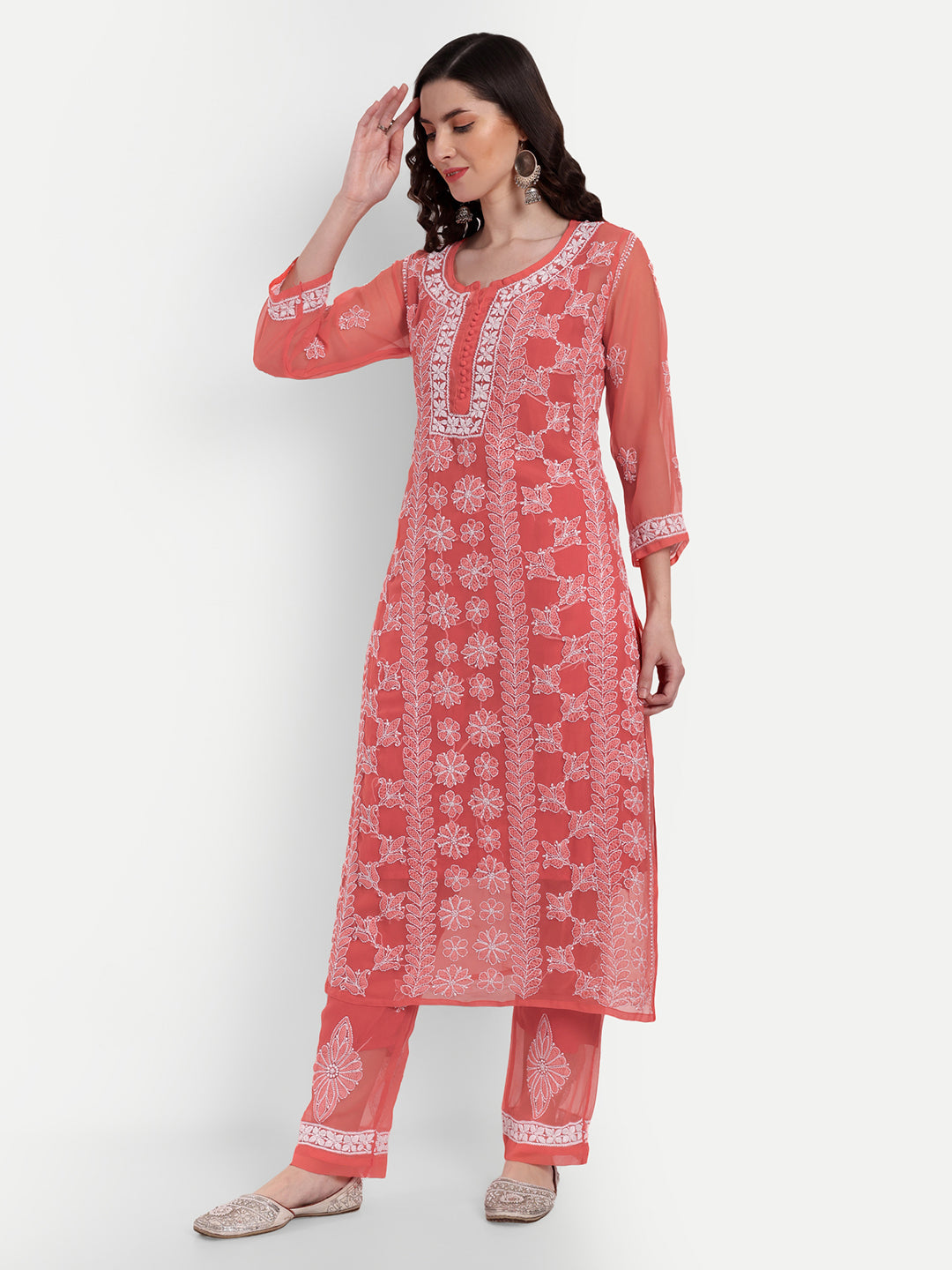 Lucknow Chikankari Hand Embroidered Long Kurta Set and matching slip Ruby Red