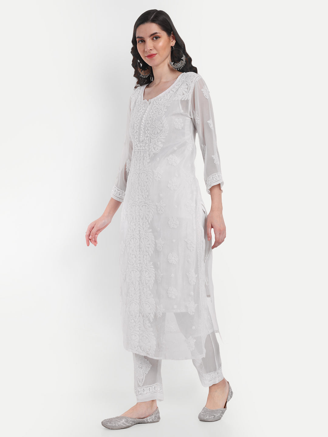 Lucknow Chikankari Hand Embroidered Long Kurta Set with Sharara and matching Slip 2014