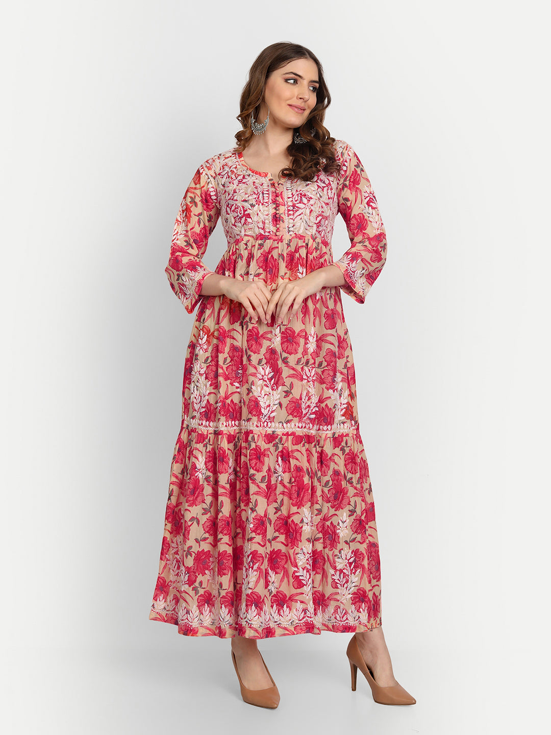 Lucknow Chikankari Hand Embroidered Tiered Long Kurta Gown Mulmul Cotton