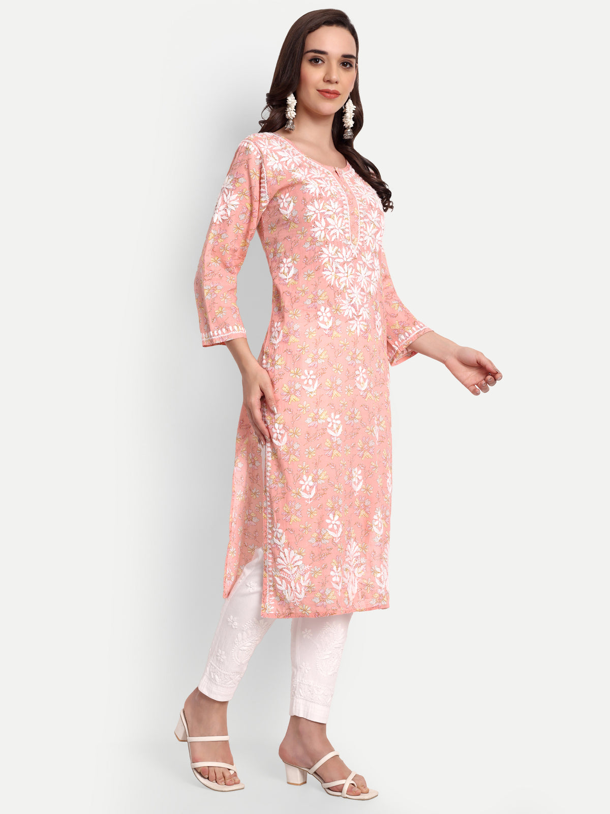 Lucknow Chikankari Hand Embroidered Long Kurta Mulmul Cotton