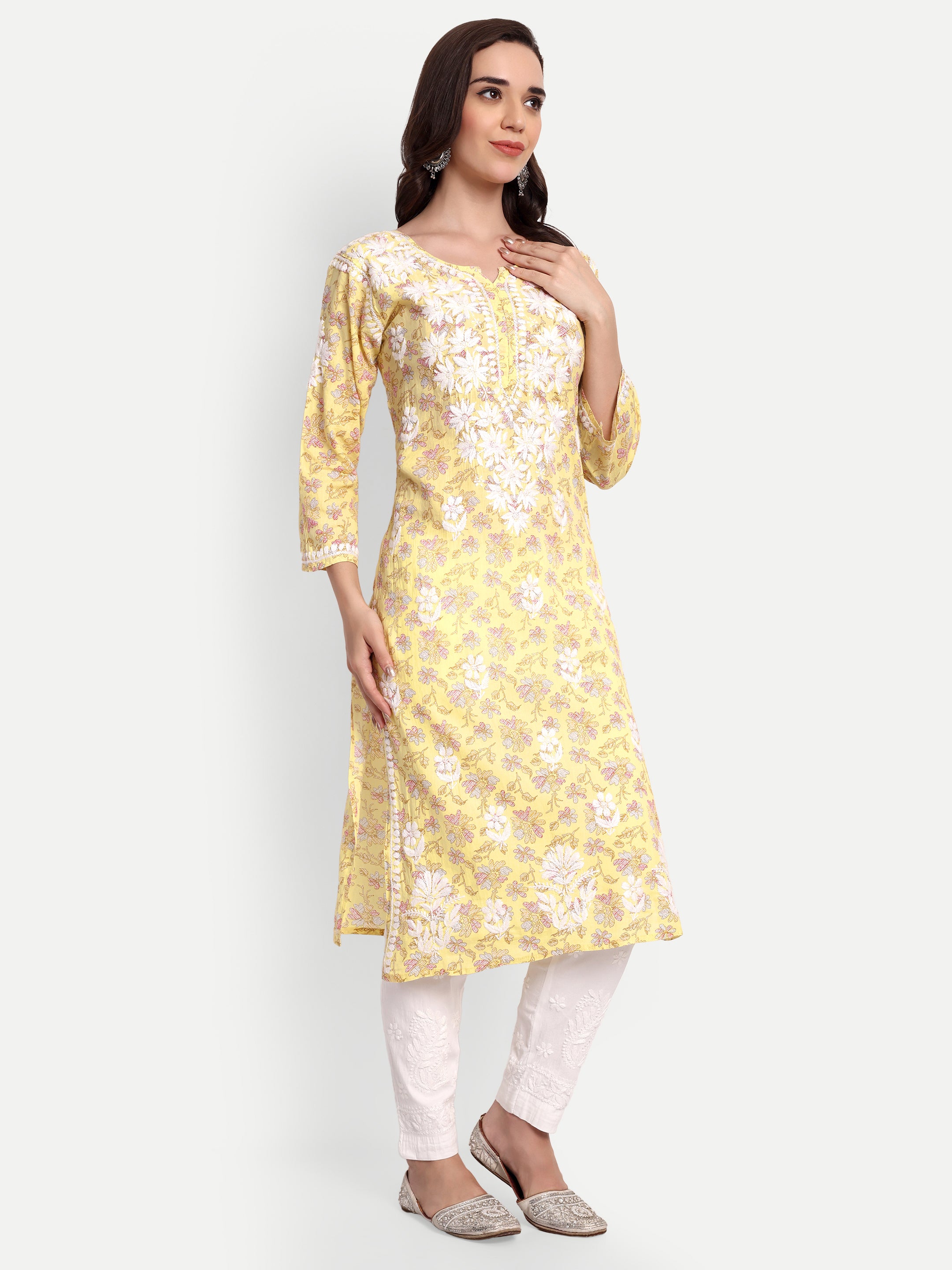 Lucknow Chikankari Hand Embroidered Long Kurta Mulmul Cotton