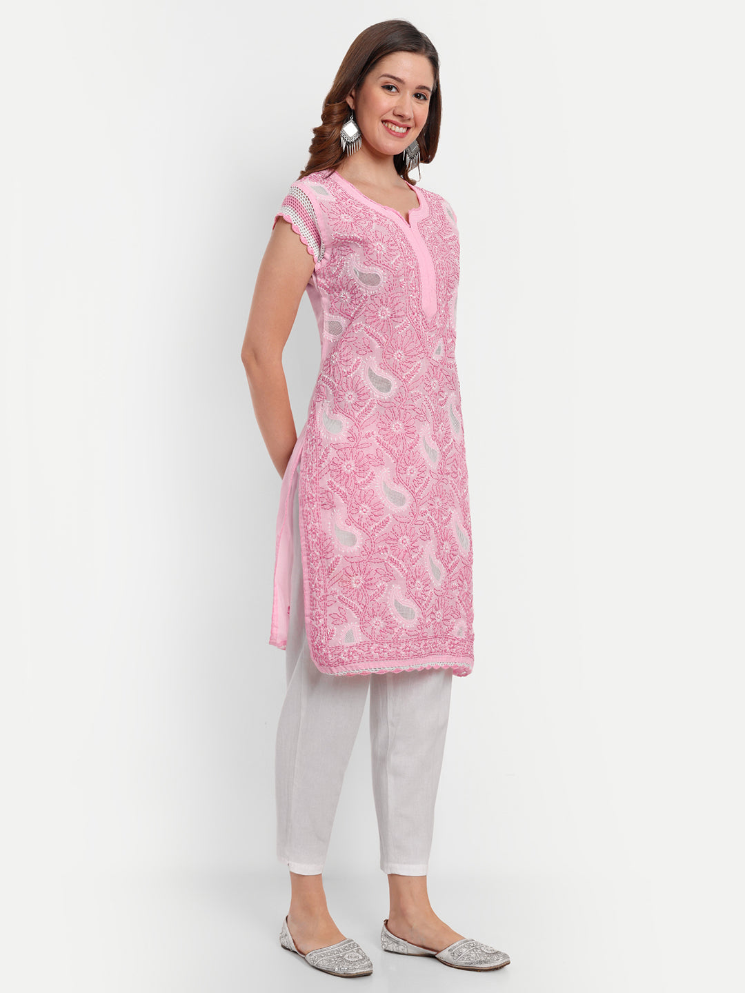 Chikankari Hand Embroidered  Kurta with Crochet Sleeves Cotton