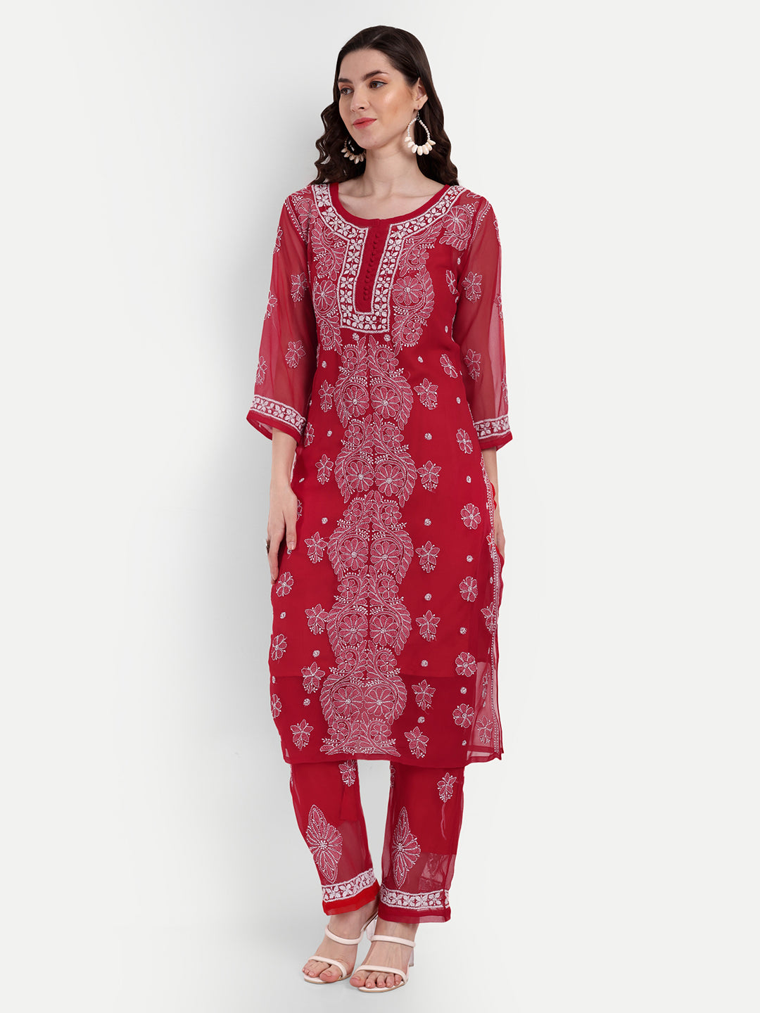 Lucknow Chikankari Hand Embroidered Long Kurta Set and matching slip RED