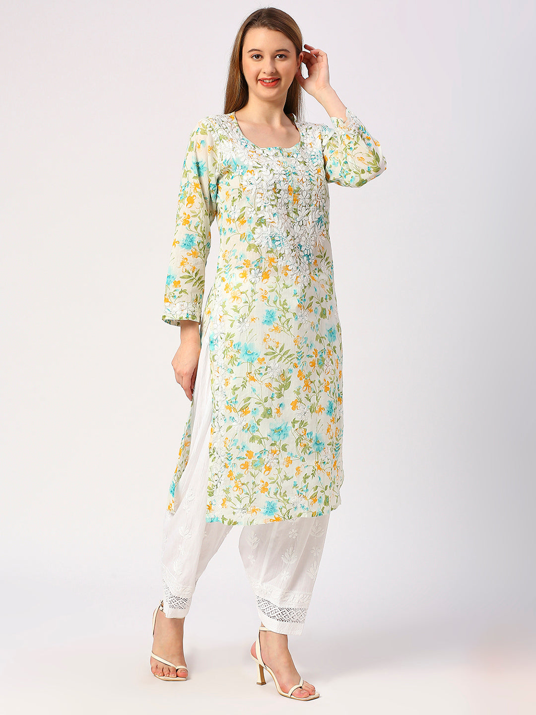 Lucknow Chikankari Hand Embroidered Long Kurta Mulmul