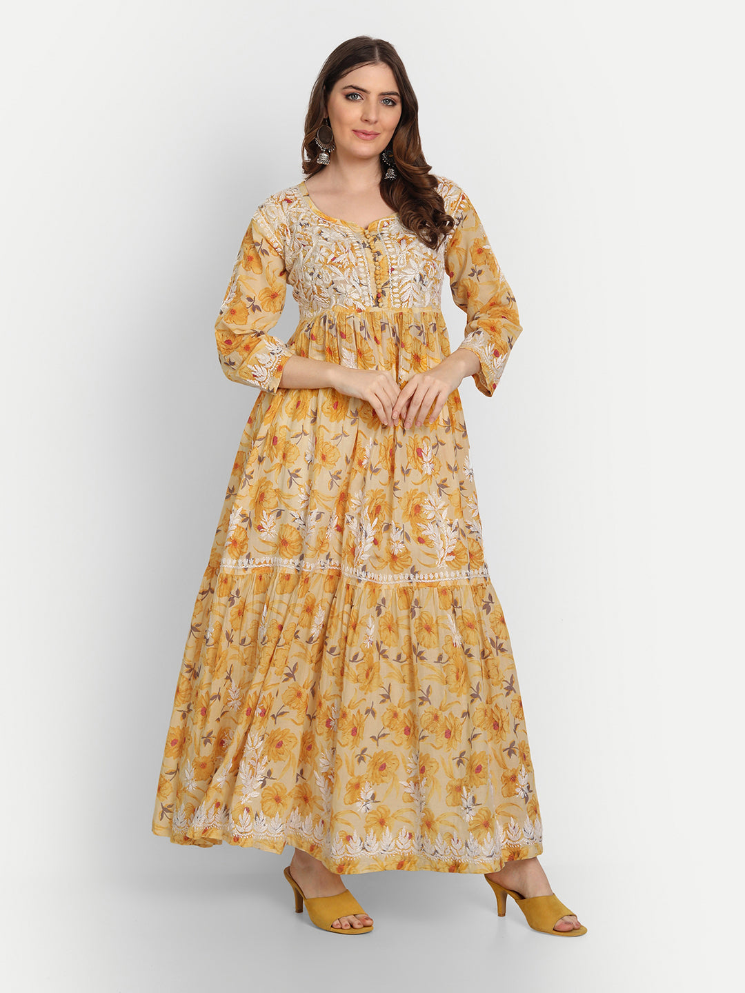 Lucknow Chikankari Hand Embroidered Tiered Long Kurta Gown Mulmul Cotton