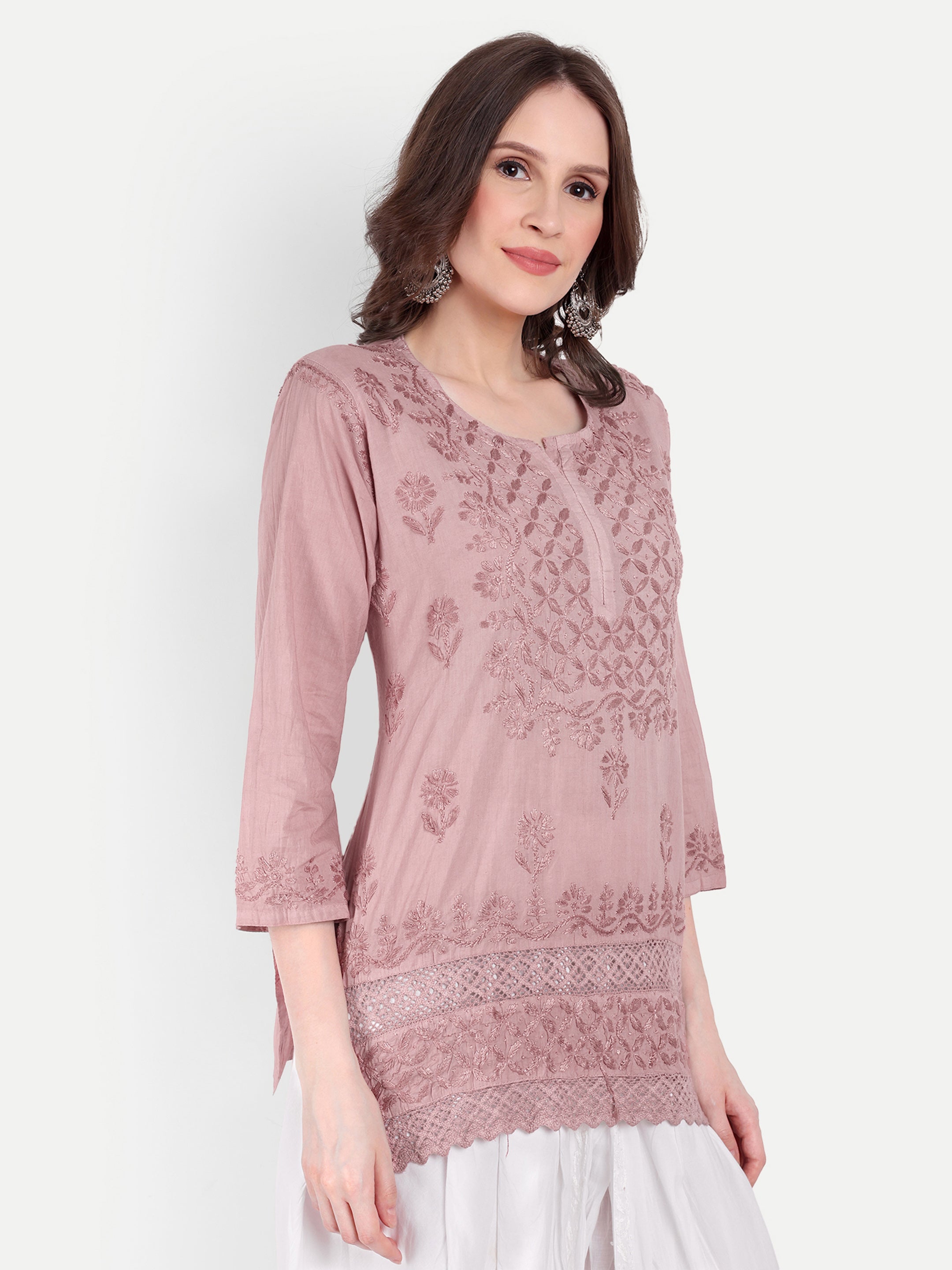 Lucknow Chikankari Hand Embroidered  Short Kurti Top Pure Cotton