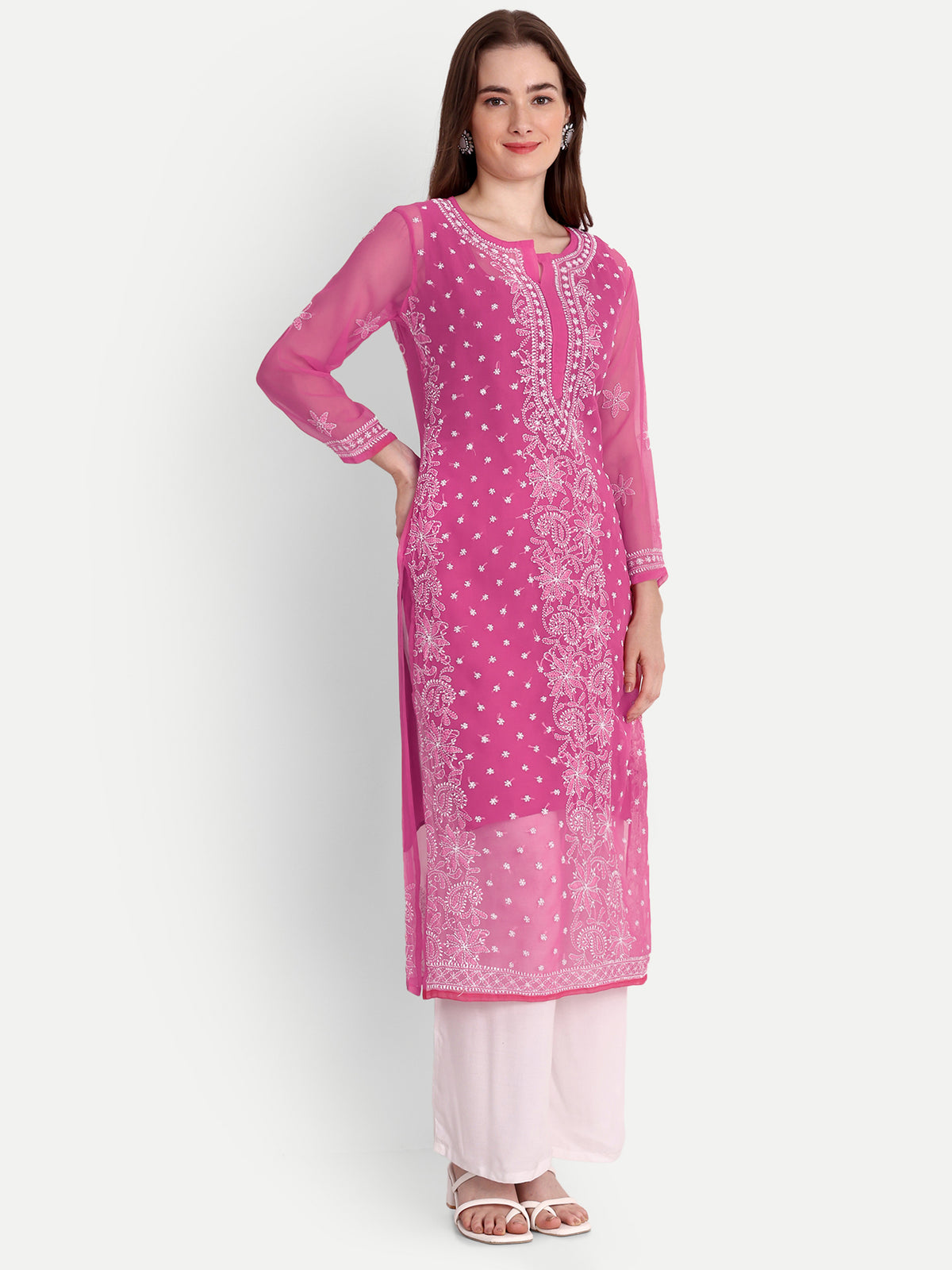 Lucknow Chikankari Hand Embroidered Kurta with Matching Inner, Georgette